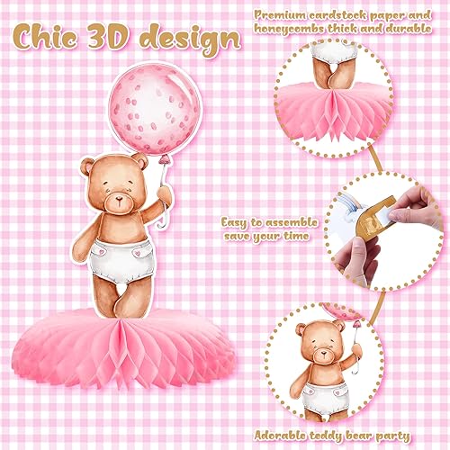 Miniatura 2 de Demissle 12 piezas de oso para baby shower, centros de mesa de panal de abeja, decoración de mesa, centros de mesa de oso rosa para mesas, recortes