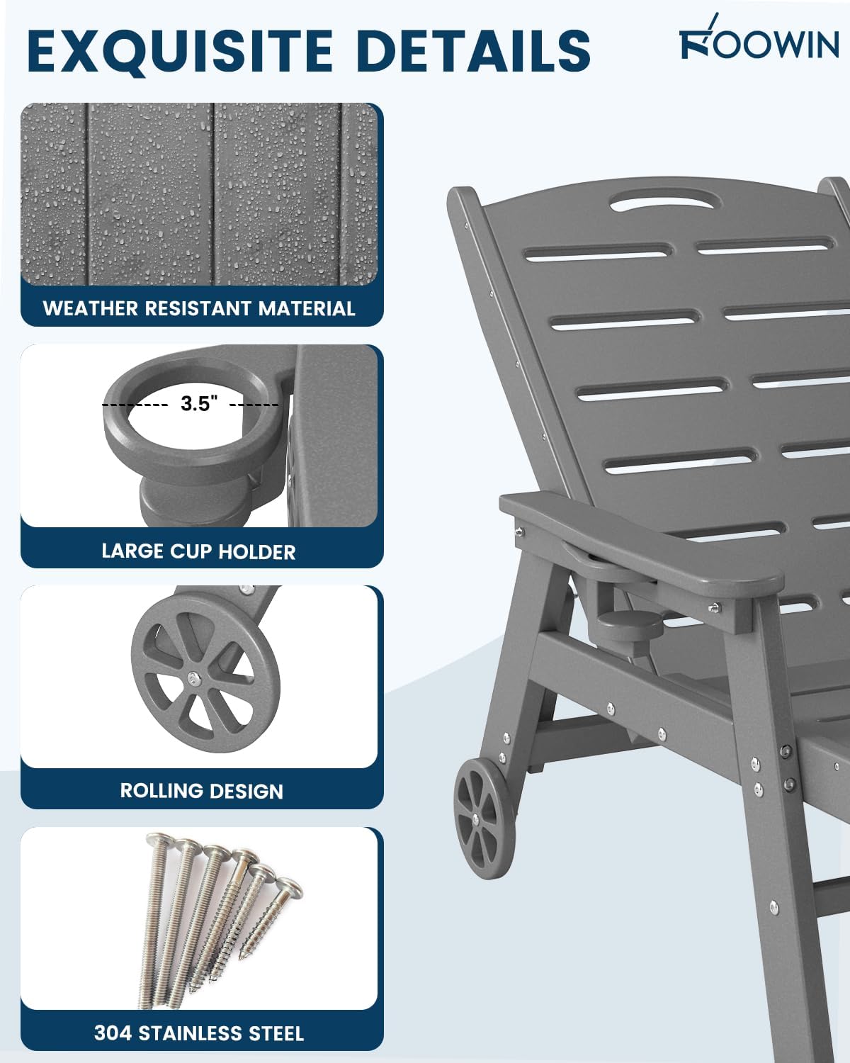 FOOWIN Chaise Lounge Chair Set of 2，HDPE Lounge Chair Outdoor with 5 Positions,Oversized Pool Lounge Chairs with Rolling Wheels & Cup Holder for Poolside Deck Backyard,Grey