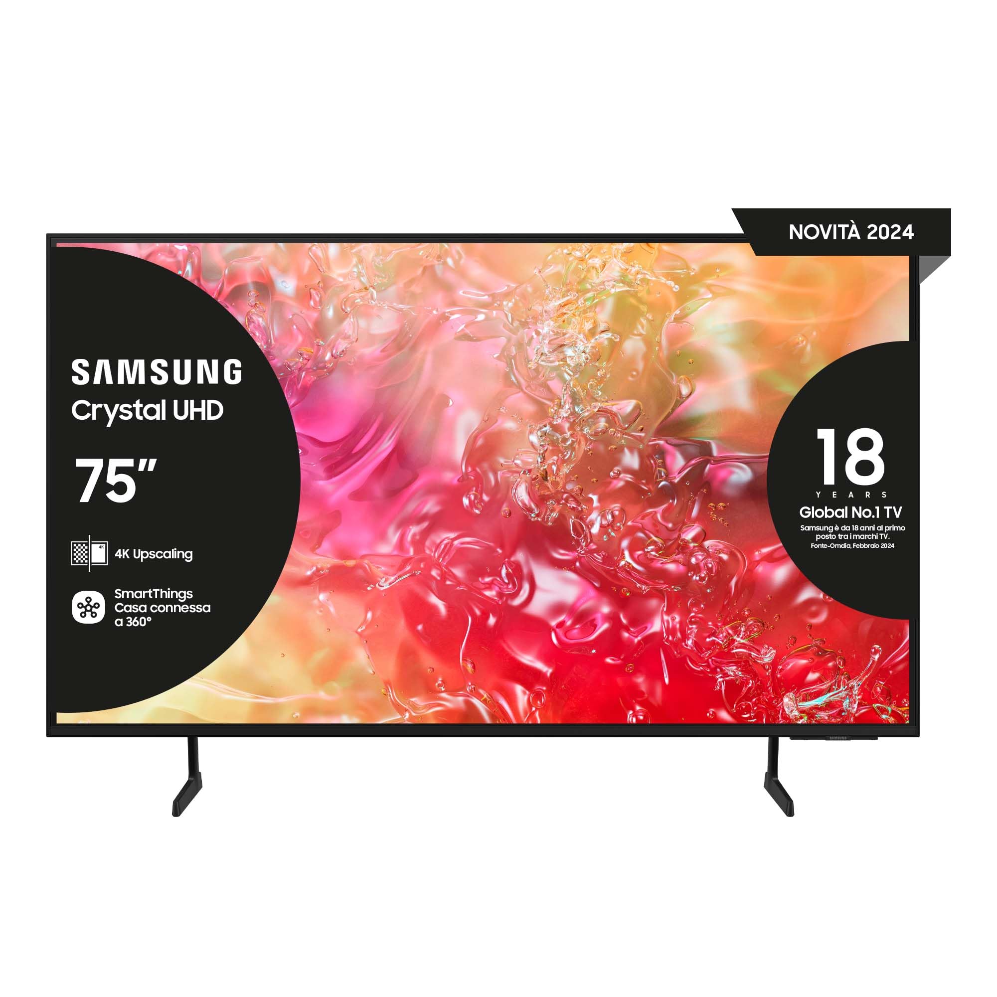 Samsung Smart TV 75" UE75DU7190UXZT, Crystal 4K UHD, 4K Upscaling, Slim Look, DVBT-2, Q-Symphony & OTS Lite, Integrato con Bixby, comp con Alexa e Google Assistant, Black 2024 [Amazon EXCL.] 2024 DU7190 75"