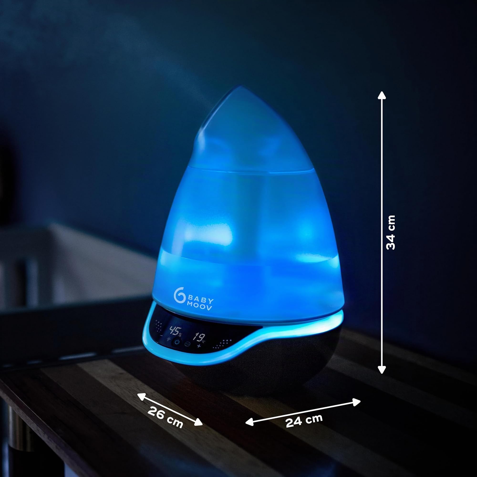 Babymoov Hygro Plus Digitaler Luftbefeuchter mit Nachtlicht (7 Farben), automatischer Feuchtigkeitsregelung, Zerstäuber für ätherische Öle | Mehrfarbig