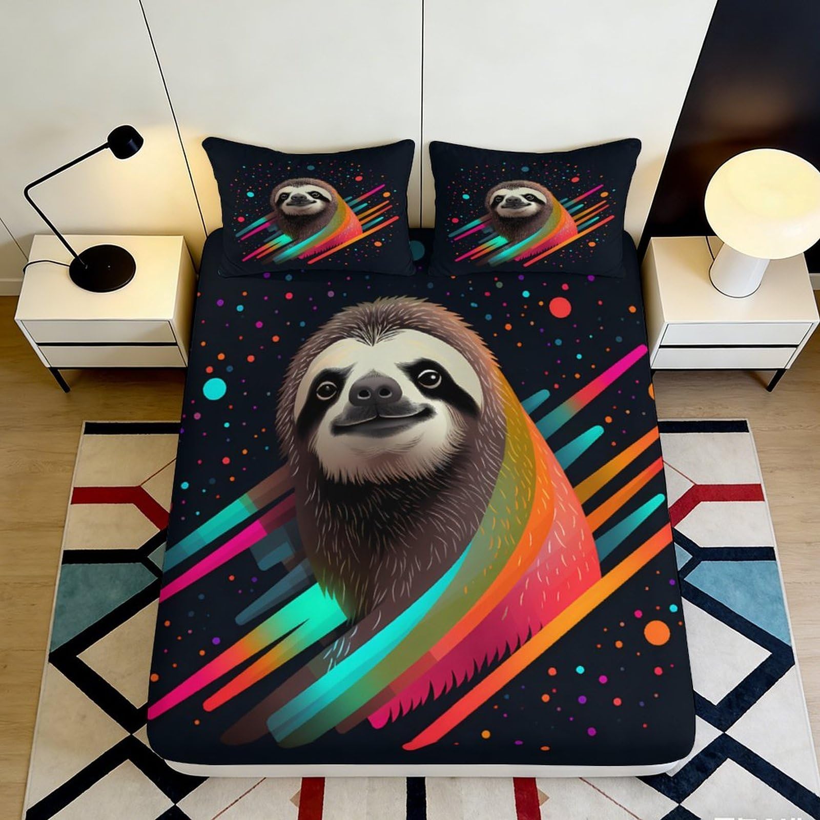3D Printed Colorful Sloth Fitted Sheet Microfiber Soft Breathable Neon Pattern Bed Cover for Bedroom Dormitory Guest Room Mattress Protection 140x200x25cm