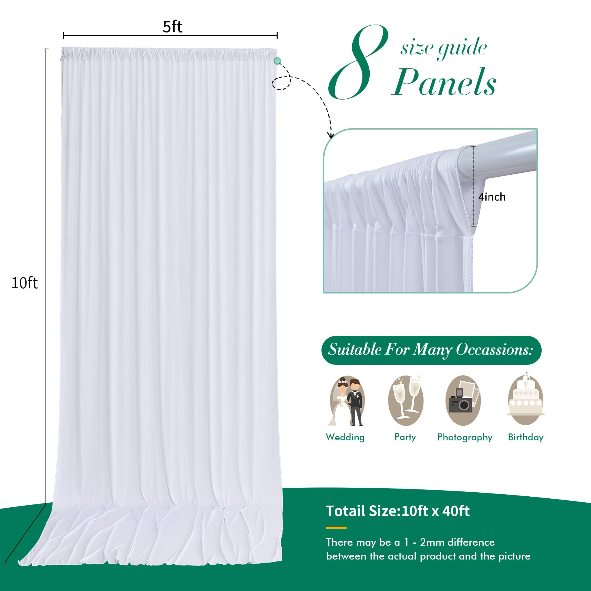 Lot de 8 rideaux de fond en polyester infroissables pour fêtes de mariage, fête prénatale, fête d'anniversaire, 12,2 x 3 m, blanc