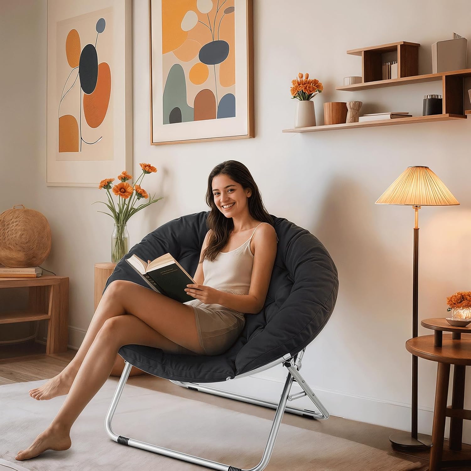 Cozy Saucer Chair, Living Room Chair, Faux Fur Soft Thick Padded Folding Chair, Comfortable Moon Chair for Living Room, Bedroom, Reading Nook, Modern Style, 2 Pack, Black