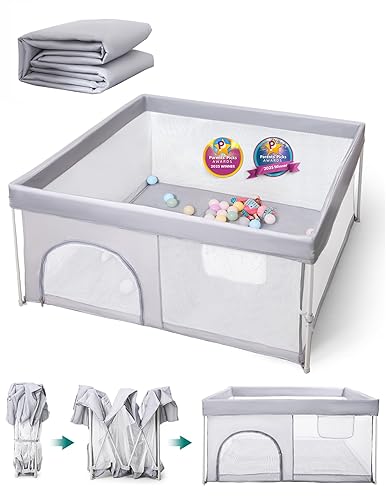 BABELIO Corralito plegable para bebés con alfombra, 54.5 x 54.5 pulgadas, portátil, para bebés y niños pequeños, no requiere montaje, área de