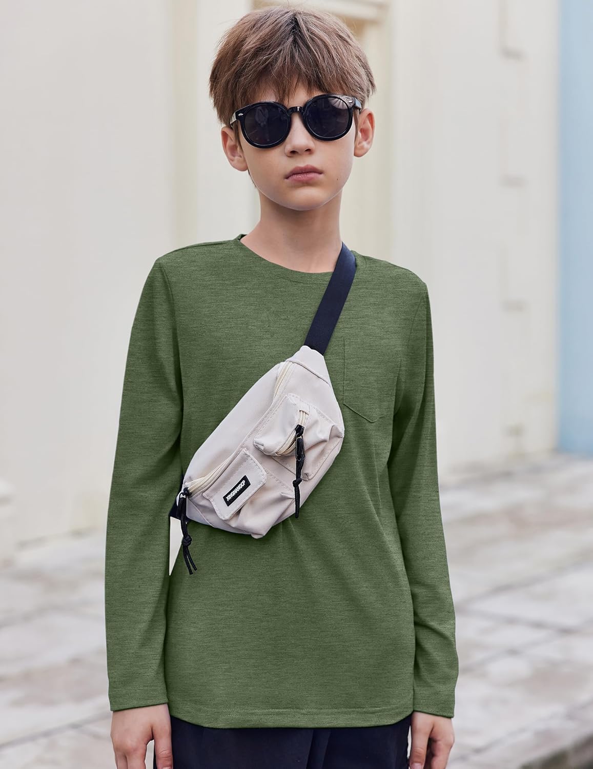 Arshiner Boys Long Sleeve Shirts Casual Crewneck T Shirt Solid Tees Tops with Chest Pocket for Kids 5-12 Years - Image 4