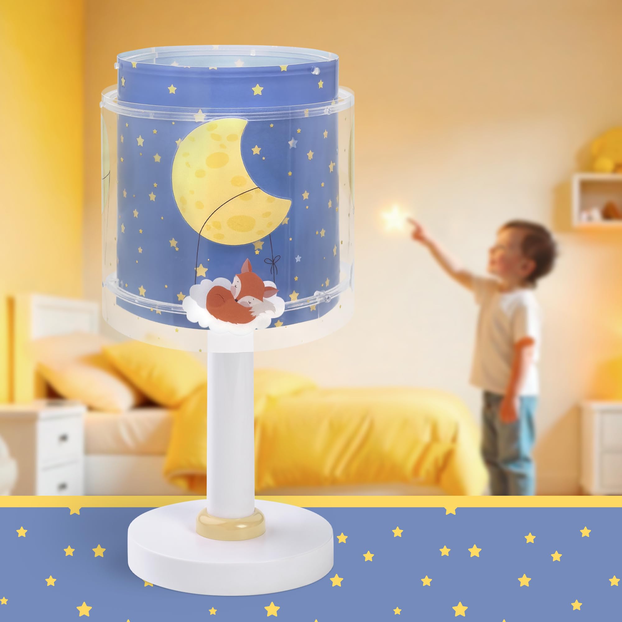 Dalber Lampada da tavolo per bambini, luce da comodino e da notte Moon Dreams animali luna nuvole stelle blu, 76631, G4-4W LED - Lampadina inclusa