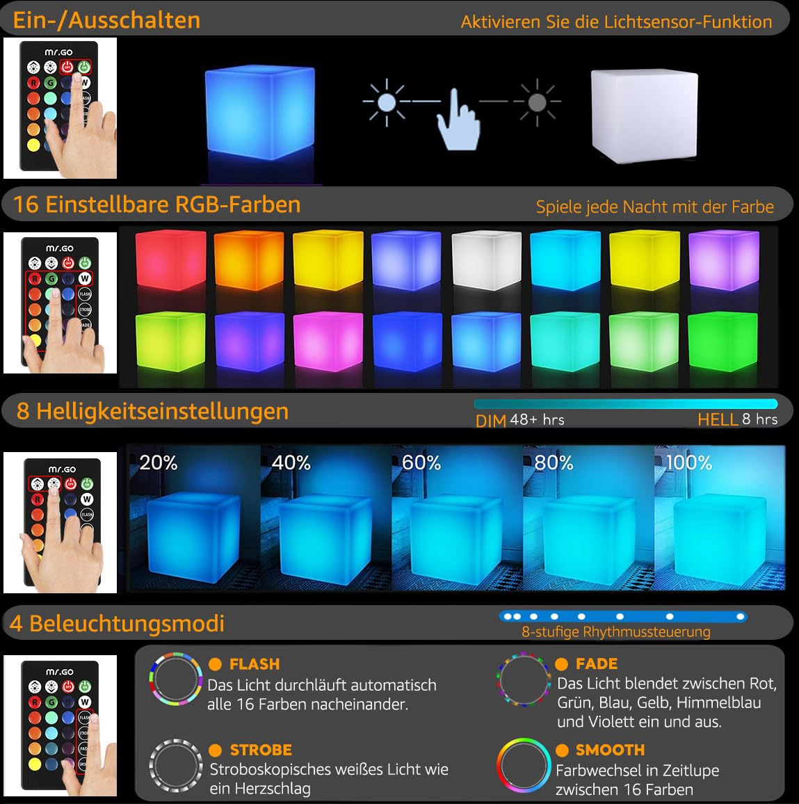 Mr.Go 25cm LED Cubo Luz Nocturna Infantil con Control Remoto, Lampara de Mesilla de Noche Pilas para Bebé y Niños 8 Brillo Regulable -16 Colores RGB Ajustables -4 Modos de Color-cambiante