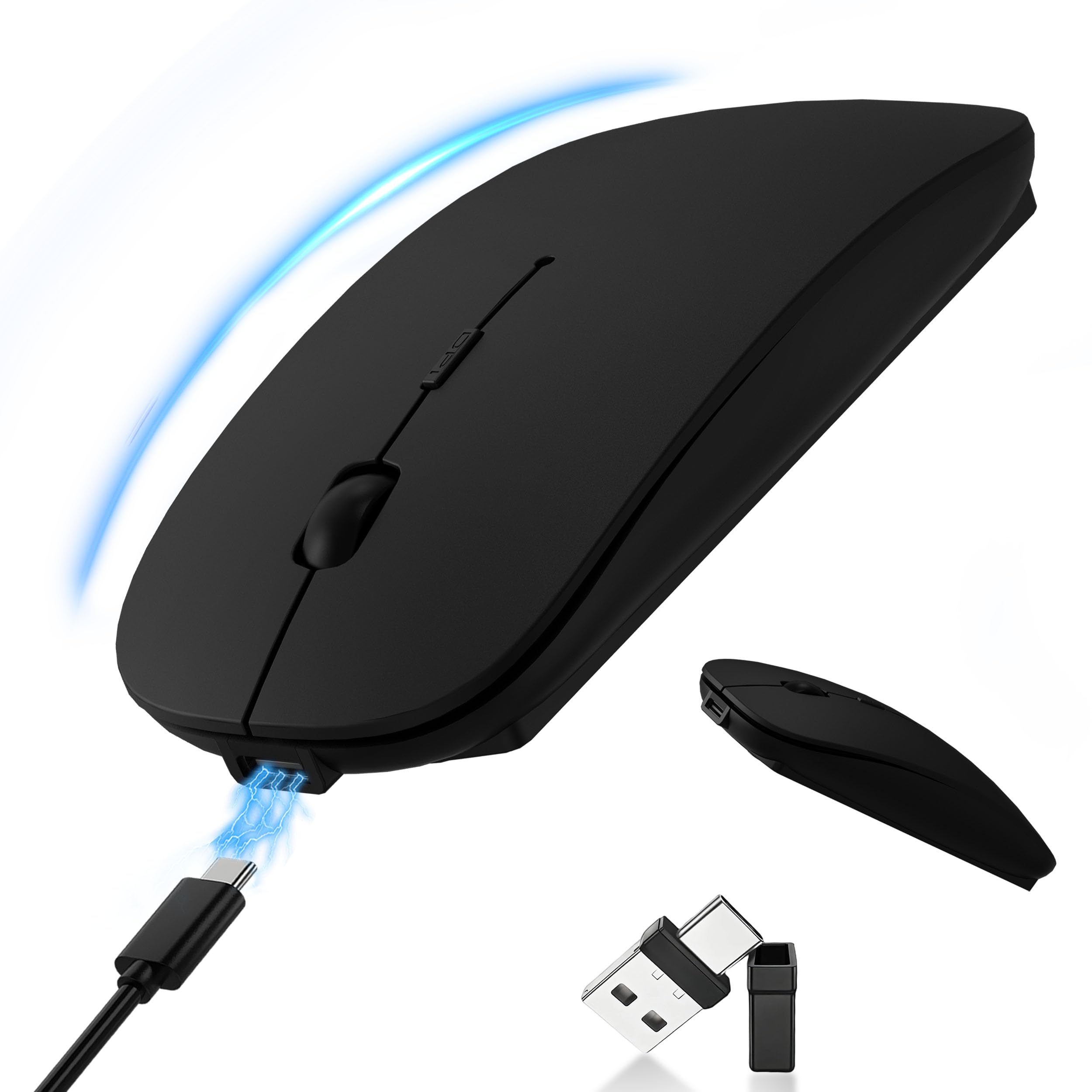 Ratón inalámbrico Bluetooth recargable con jiggler, mouse delgado silencioso para MacBook, iPad, laptop y PC, receptor dual USB-C/USB-A, BT5.2 y 2.4G, mouse óptico portátil con DPI ajustable, color