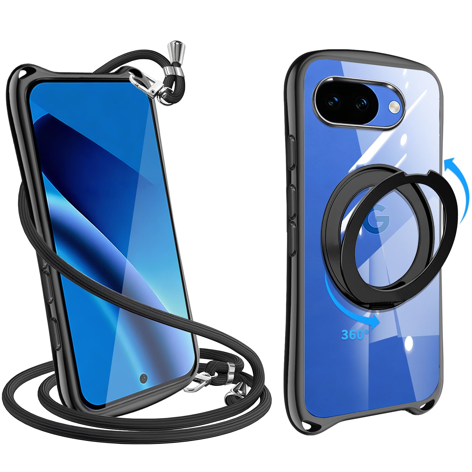 Google Pixel 10a 用の ケース クリア ショルダー リング付き ストラップ付き【360°回転スタンド・縦横両対応】ピクセル 10a スマホケース カバー 耐衝撃 透明 TPU 肩掛け 首掛け 取り外し可能 長さ調整可能 スタンド機能付き 金属ボタン(ブラック)