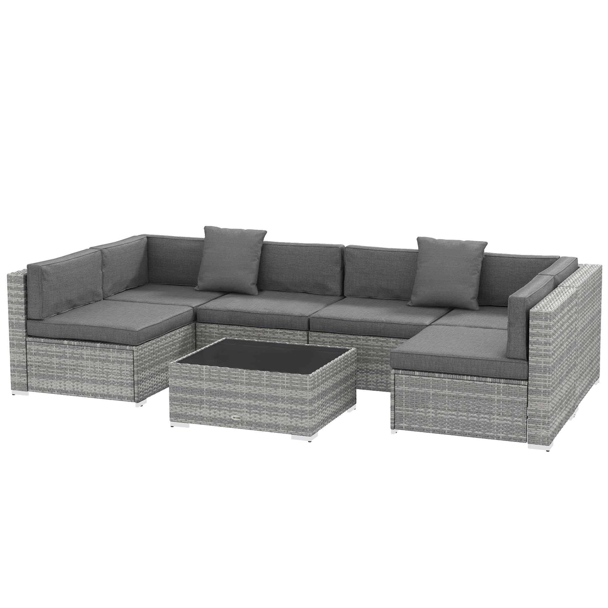 Outsunny Ensemble Salon de Jardin 7 pièces modulables, Coussins déhoussables Inclus, Table Basse avec Plateau Verre trempé, en résine tressée, Gris