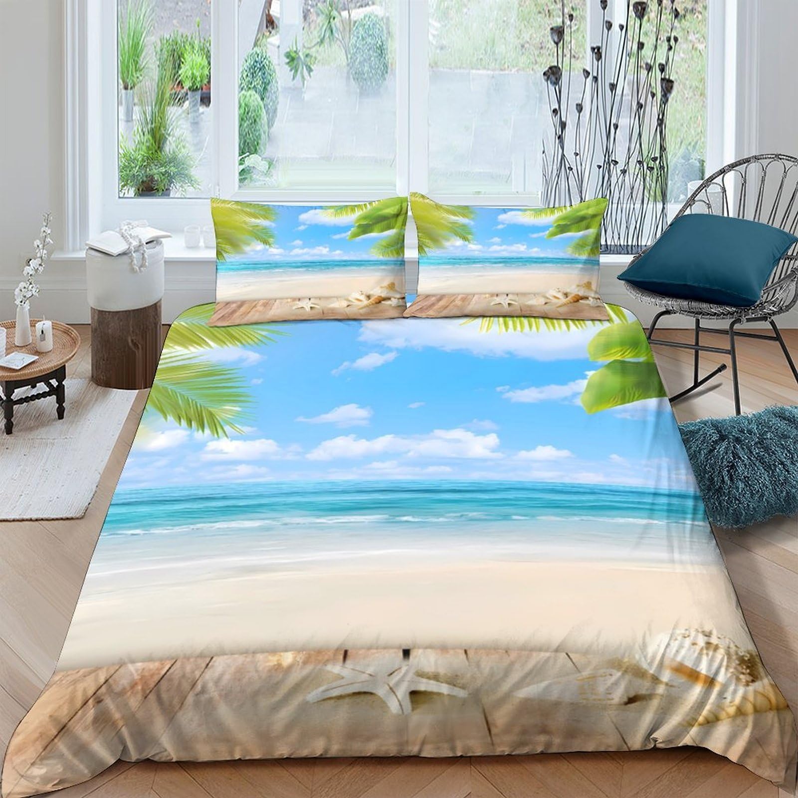 Ctjqhvkz Style-3 3D Printed Beach Palm Fitted Sheet Microfiber Soft Breathable Ocean Shore Bed Cover For Bedroom Guest Room Decor Single（135X200cm）
