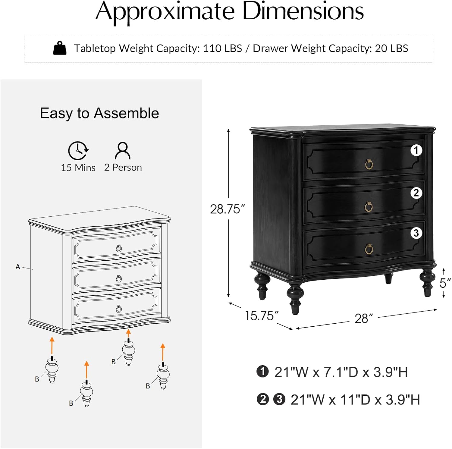 HULALA HOME Traditional Side Tables with 3 Drawers, Tall Side Table with Curved Front Profle Desgin, Charging Station, Solid Wood Legs, Set of 2, Black