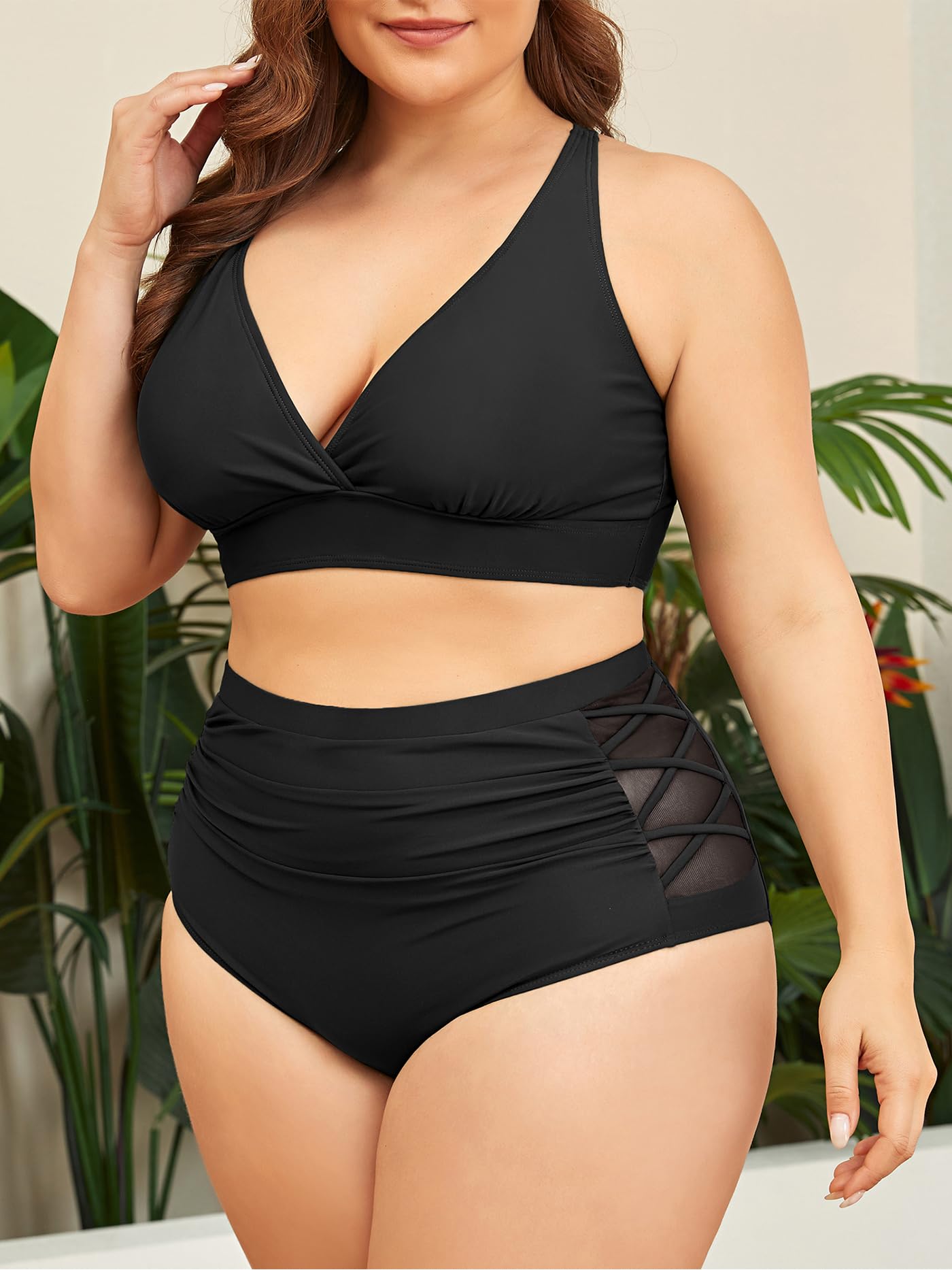 PONCEAU Bikini Damen Set Bauchweg High Waist - Push Up Bikini Oberteil für Große Brüste V-Ausschnitt Große Größen Plus Size Curvy Bademode