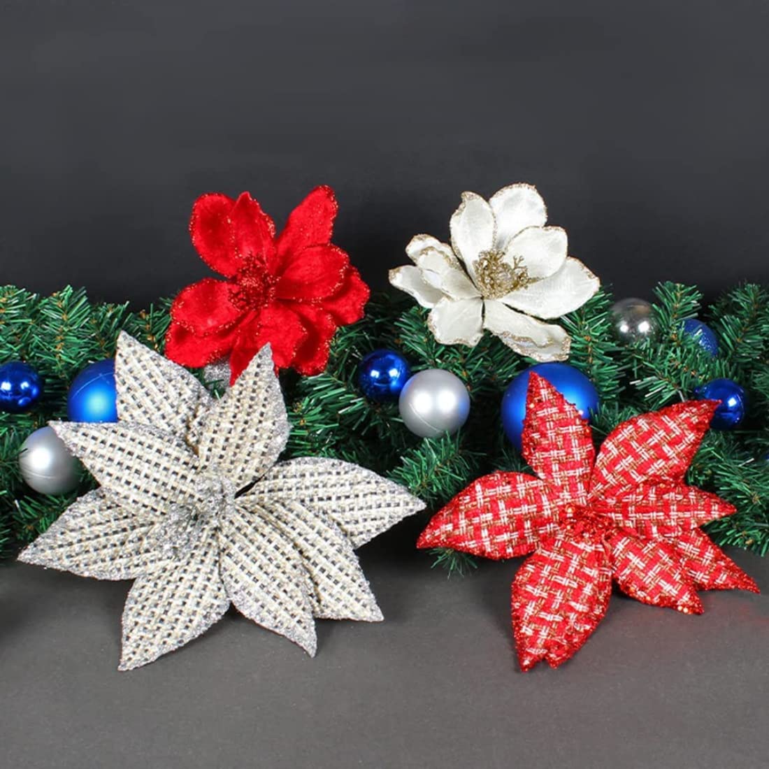 12 piezas de árbol de Navidad de 10.6 pulgadas, flores artificiales de Navidad, Año Nuevo, floral, bricolaje, boda, fiesta, ramos de decoración