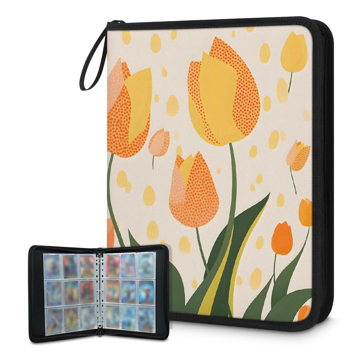 Raccoglitore per carte con 9 tasche, 900 tasche, con chiusura a cerniera (tulipano arancione a pois)