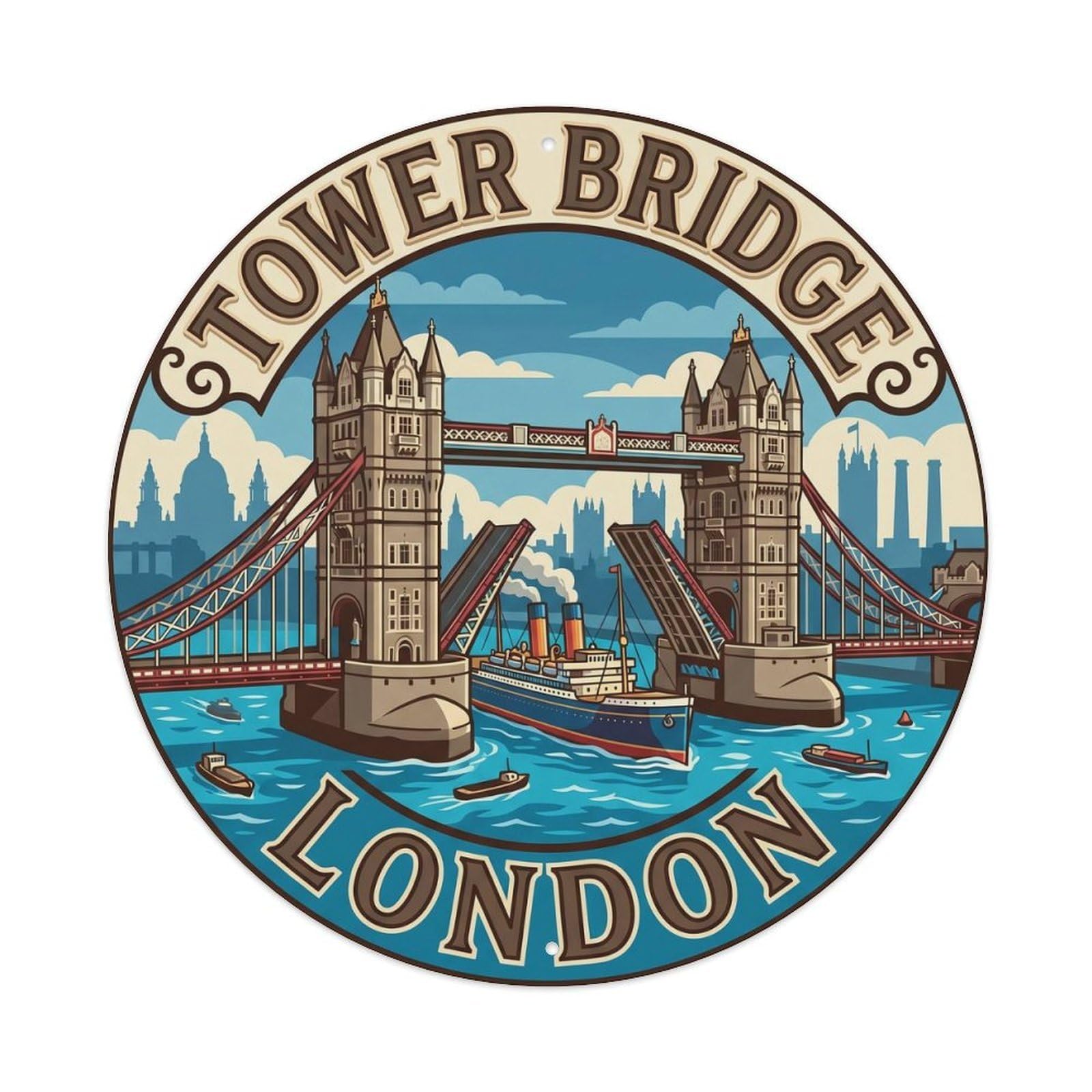Vintage Travel Tower Bridge Thames Metal Tin Sign Plaque Wall Decor for Cafe, Club, Garden Round Metal Poster 8x8Inch