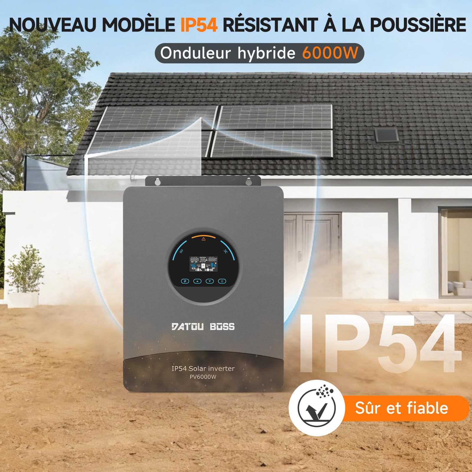 DATOUBOSS Onduleur Solaire Hybride 6000W 48V Pure Sinus, Champ PV jusqu'à 8000W, Régulateur MPPT intégré 120A, Protection Contre la Foudre et l'eau, Compatible avec Batteries Lithium 48V (48V 6000W)