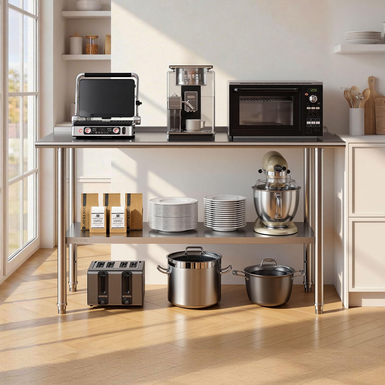 VEVOR Tavolo da Lavoro per Cucina in Acciaio Inox, Tavolo di Preparazione da Cucina 152,4 x 61 cm Isola Centrale per Catering Bar Hotel Ristorante Banchetti Banco da 2 Ripiani con Alzatina Senza Ruote