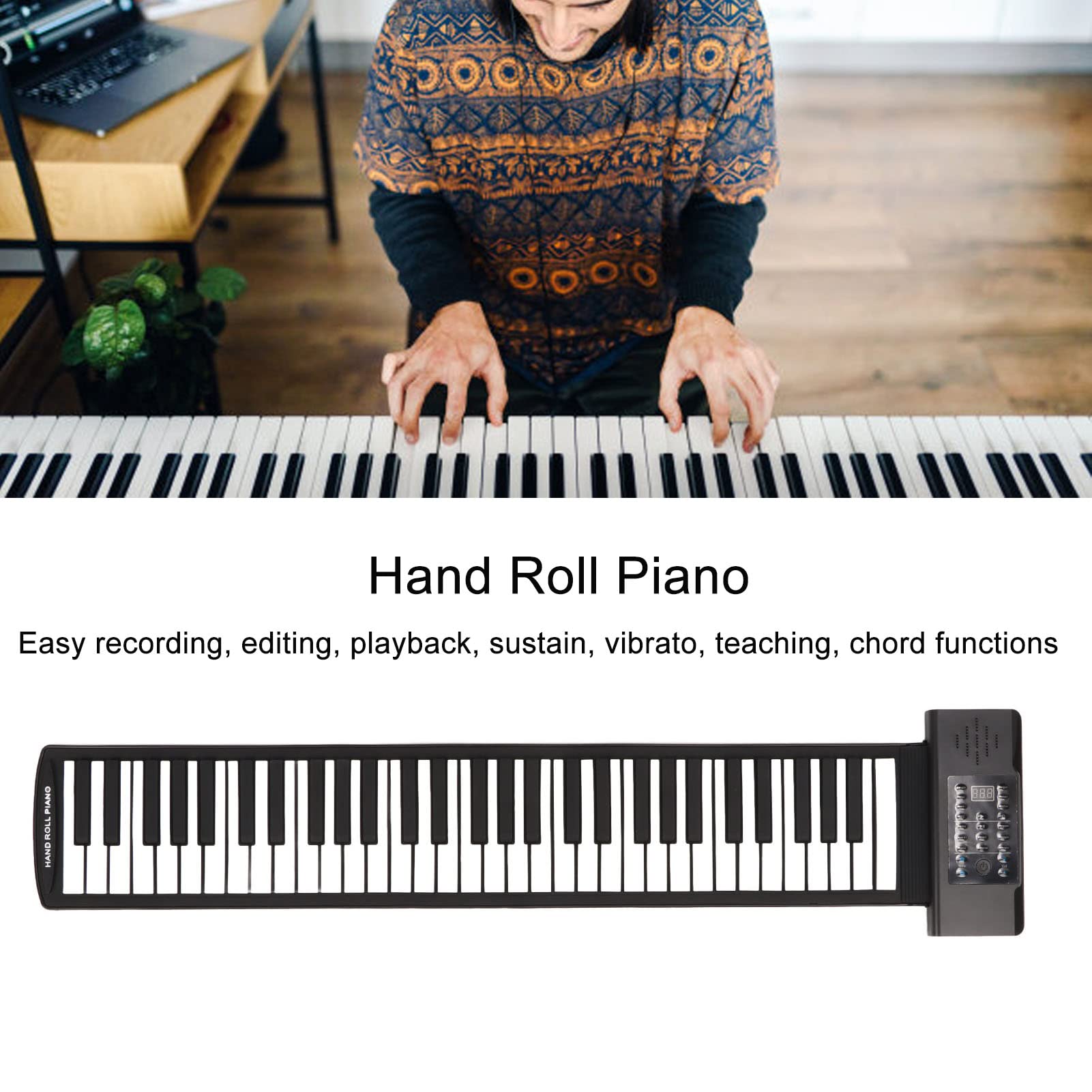 61 klawiszy Roll Up Keyboard Piano, z cyfrowym wyświetlaczem LED, obsługuje wyjście MIDI, 128 tonów, 128 rytmów, 14 utworów demonstracyjnych, przenośny pianino ręczne dla początkujących(EU)