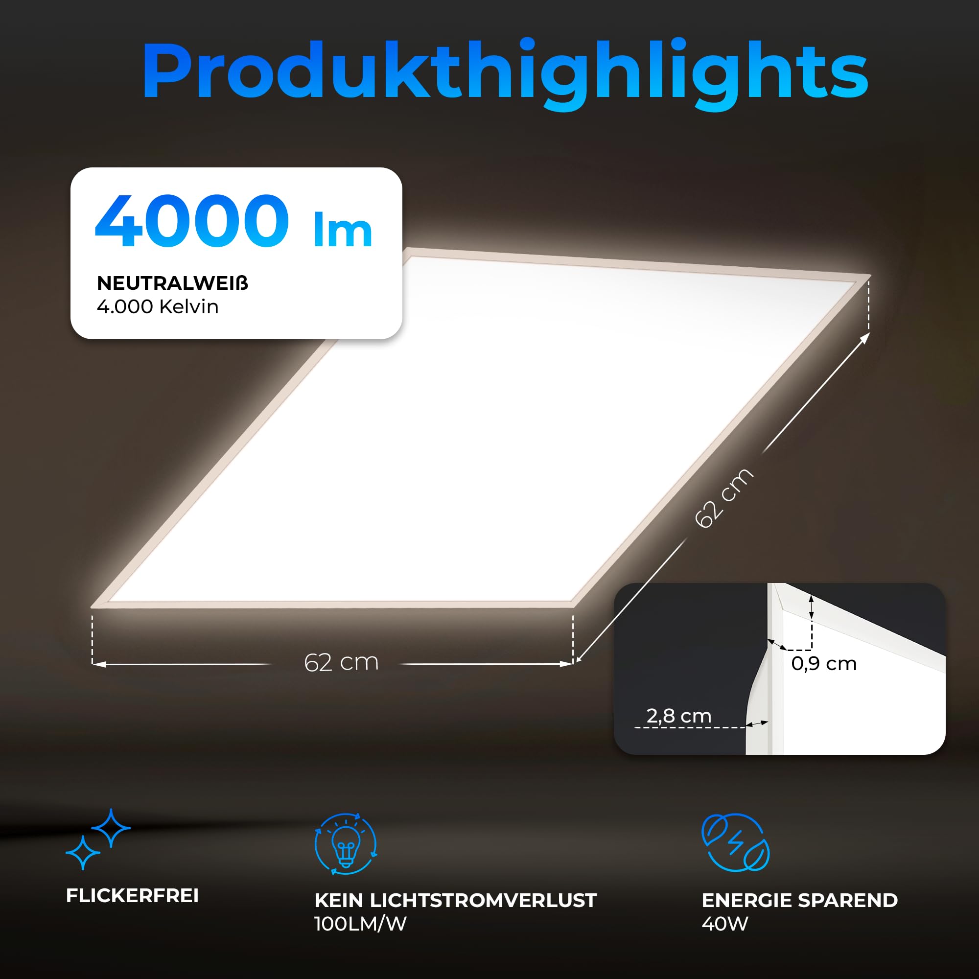 prosto LED Panel 62x62 Deckenlampe | 4000 lm inkl. Netzteil | Deckenpanel | Flickerfrei Einbau Büro Deckenleuchte | Bürolampe | Warmweiß 3.000 Kelvin (Neutralweiß 4.000 Kelvin, 2er Pack)