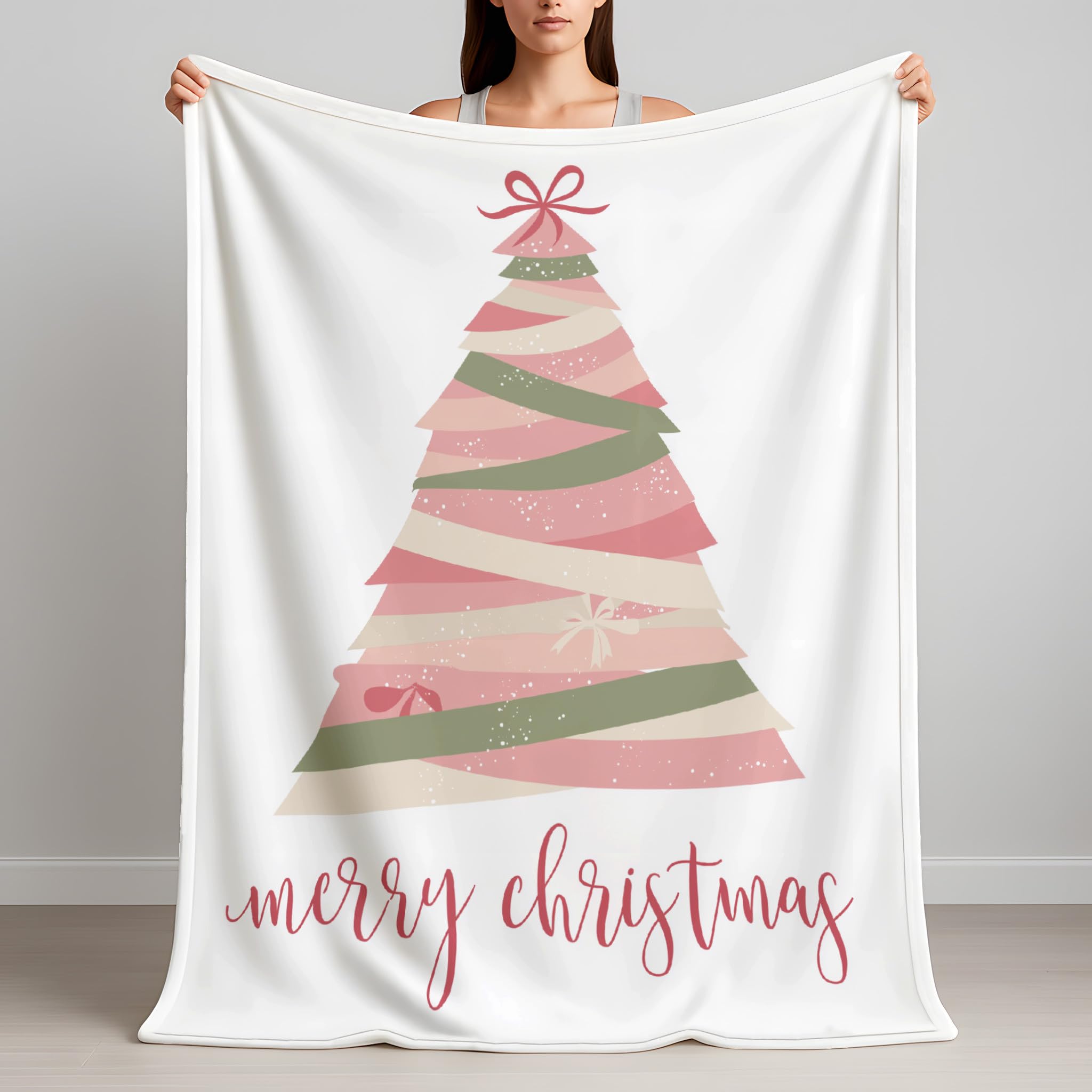 Generico Puszysty koc na sofę 220 x 270 cm, jasnoróżowy motyw choinki koc prezenty dla mamy taty chłopak dziewczyna rodzina wstążka kokarda koce do domu sofa łóżko pokój dziecięcy