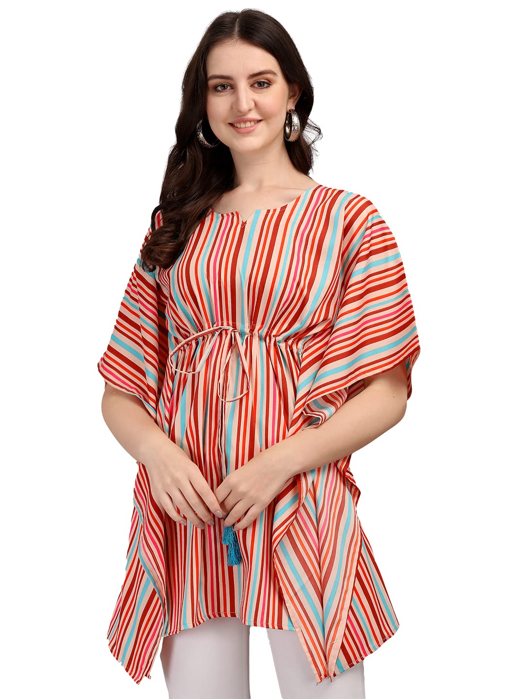 Preneum Women's Striped Regular Fit Kaftan (Kft-3_Pink L)