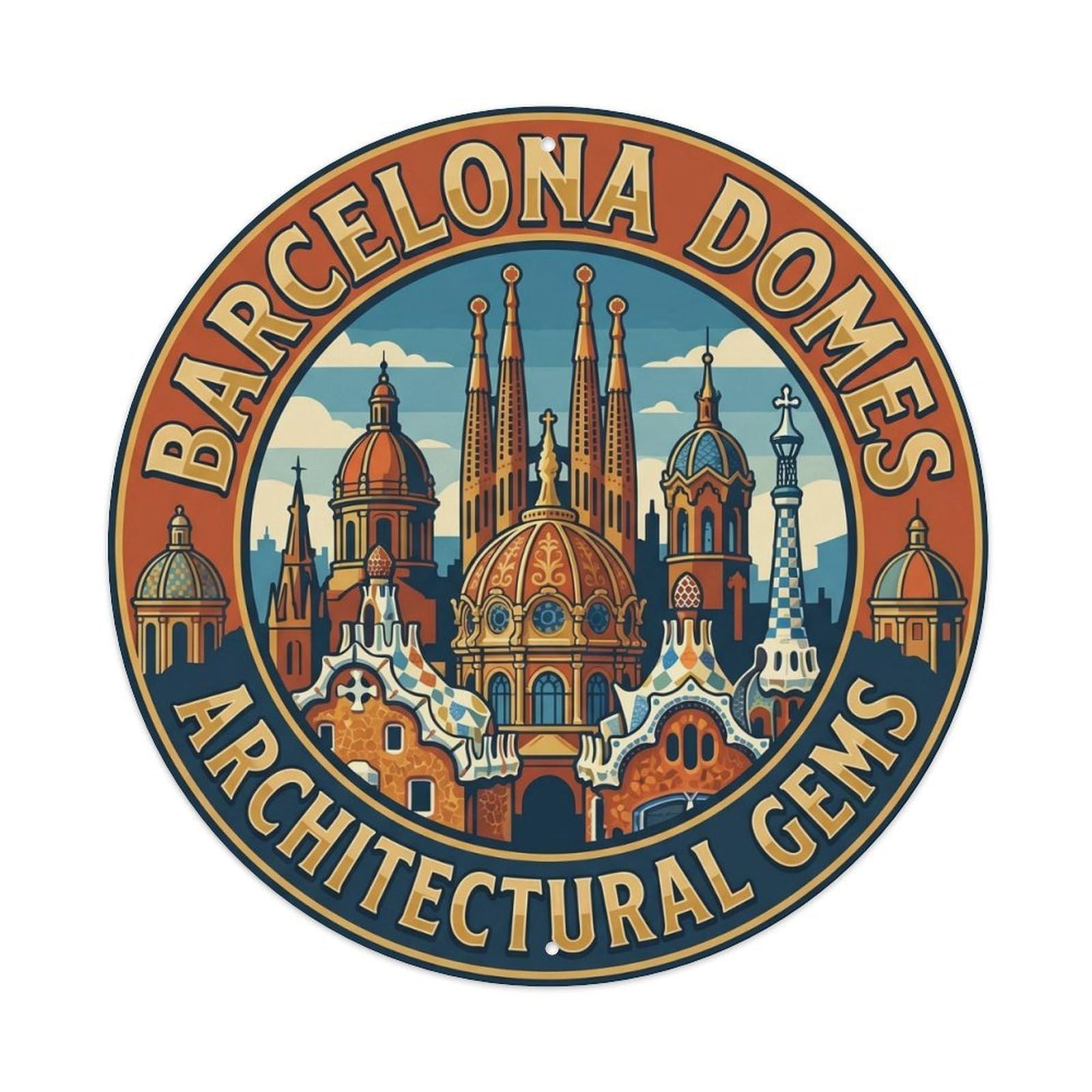 Classic Barcelona Cityscape Dome Architecture Travel Metal Tin Sign Plaque Wall Decor for Cafe, Man Cave, Club Bar, Office, Home Garden Round Metal Poster 8x8Inch