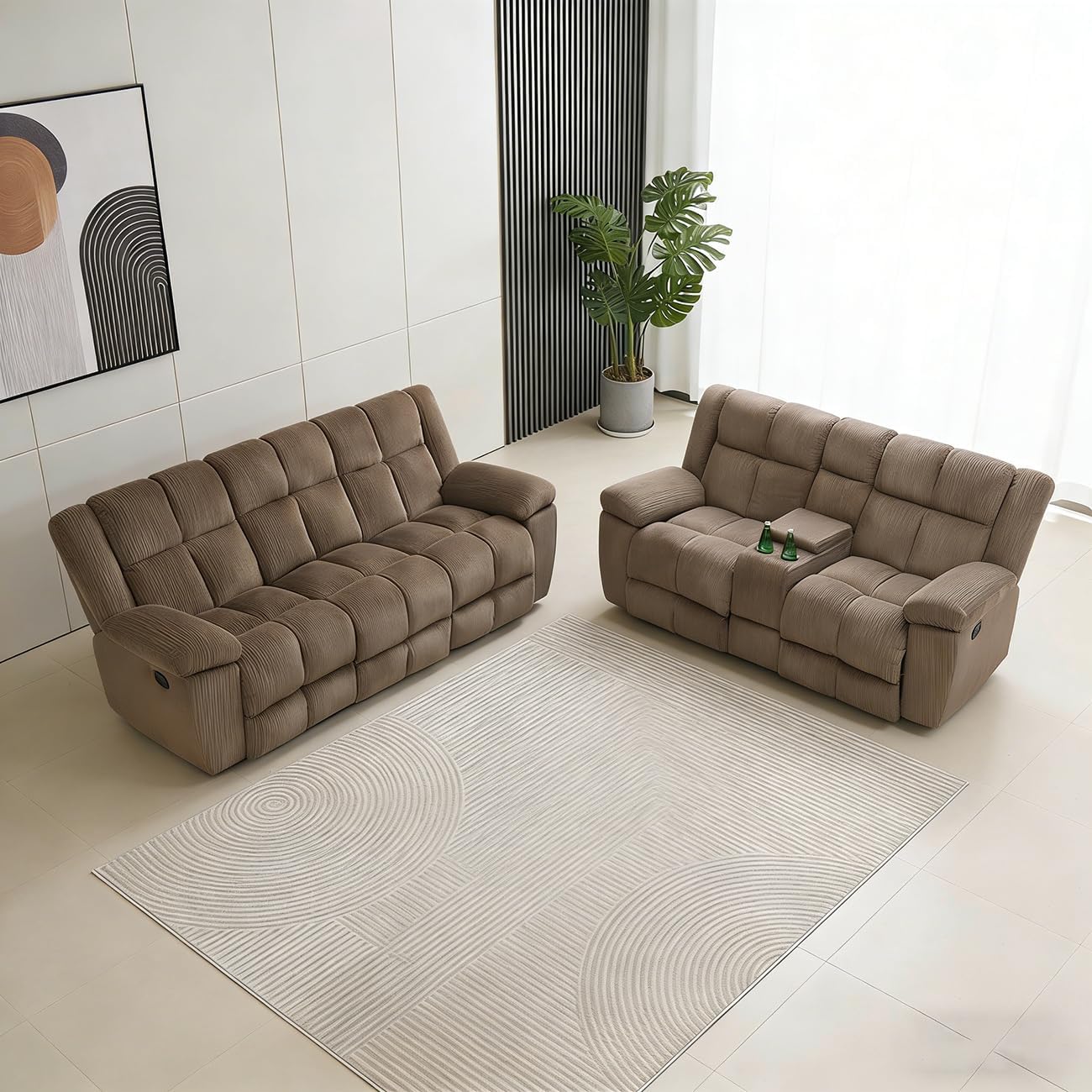Manual Recliner Sofa Set,Corduroy Reclining Living Room Furniture Set,Convertible Lounge Sofa with Coffee Table,Reclining Loveseat with Storage Consoloe for House/Office(Brown Corduroy,3+2)