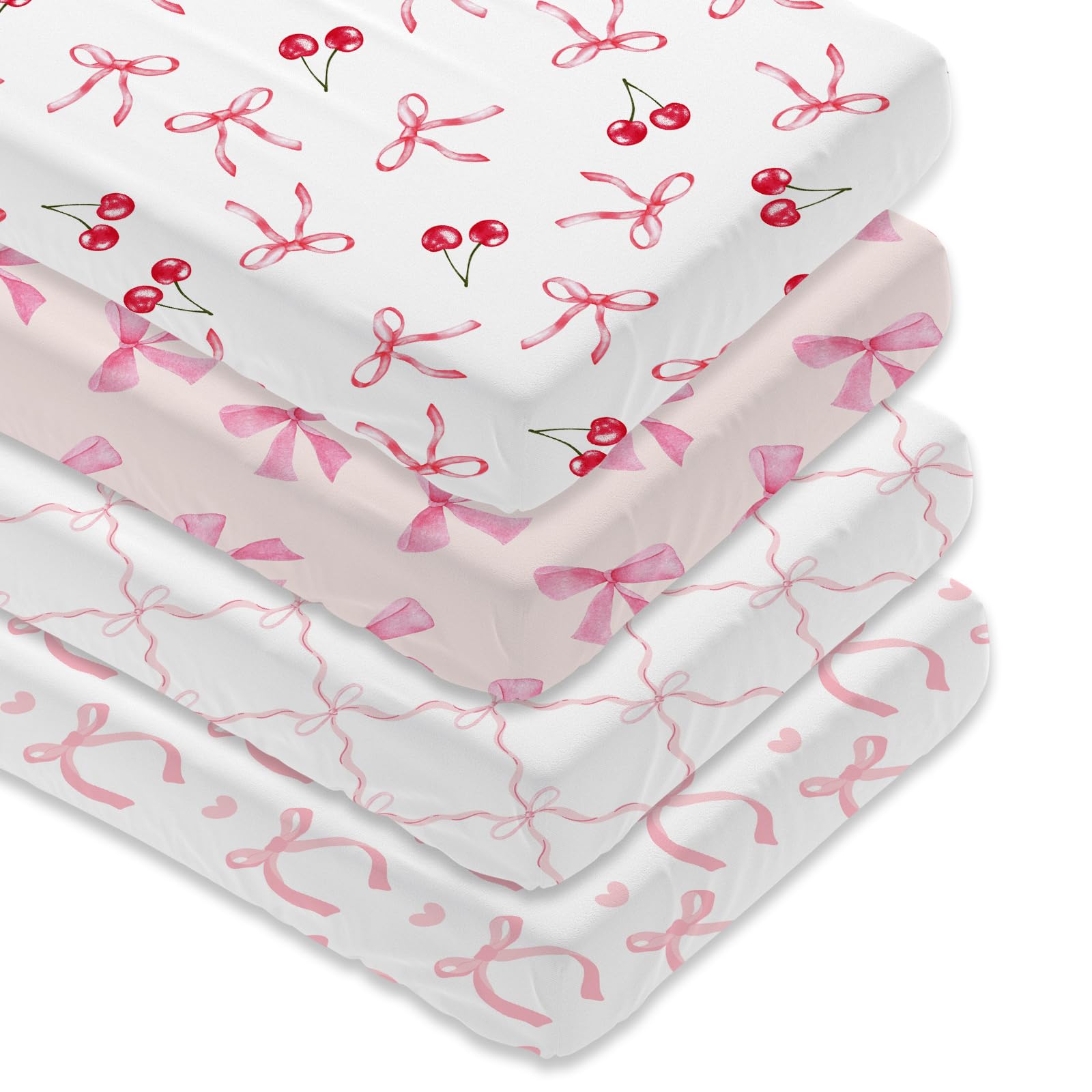 4 Pack Pink Bow Crib Sheet Set for Baby Girl, Soft Breathable Fitted Crib Sheet 28 x 52 in, Nursery Decor for Standard Crib and Toddler Bed Mattresses