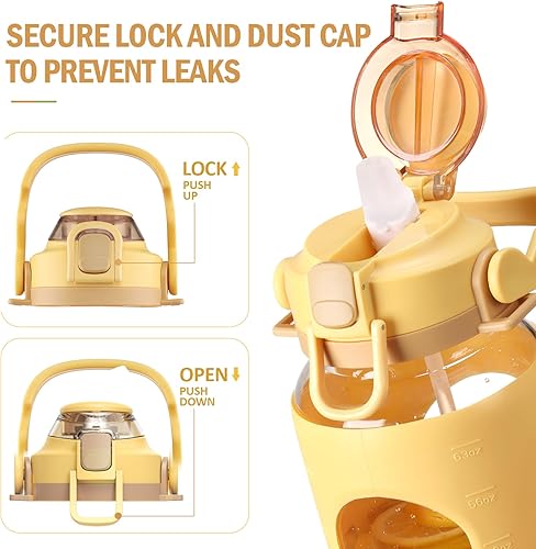 Miniatura 2 de BLUEGO Botella de agua de vidrio de 64 onzas, botella de agua motivacional con marcador de tiempo y pajilla, botella de agua de boca ancha de medio