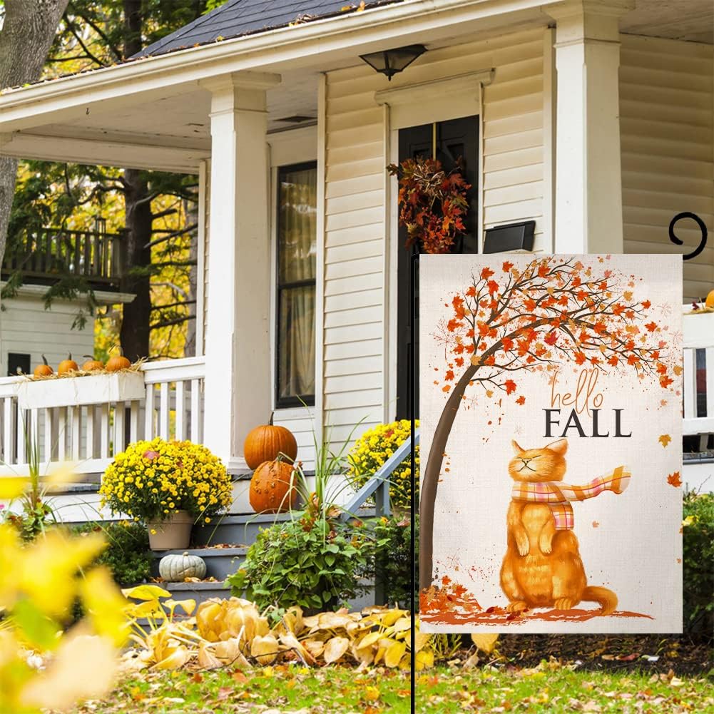 BLKWHT Fall Cat Small Garden Flag 12x18 Inch Vertical Double Sided Autumn Thanksgiving Maple Leaves Orange Burlap Yard Outdoor Decor BW003