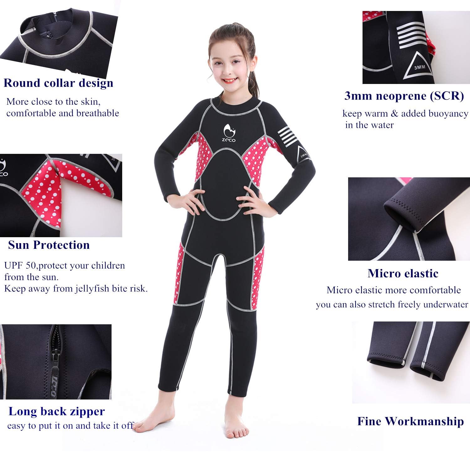 Traje de Neopreno para niños ZCCO, Traje de baño térmico de Neopreno de 2.5 mm, Trajes húmedos de una Pieza para niños y niñas jóvenes, Traje de baño cálido de Manga Larga para Buceo, natación, Surf