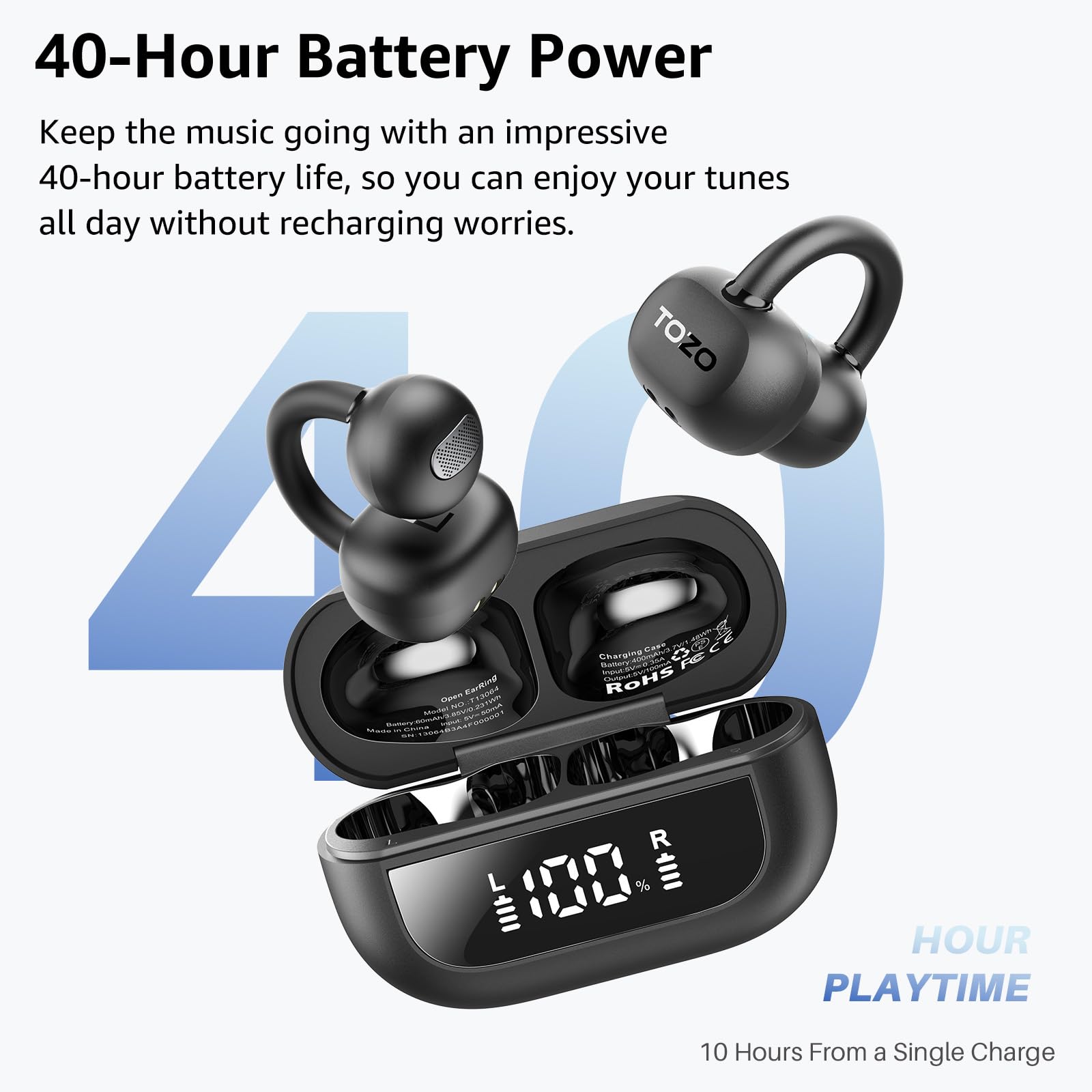 TOZO Openearring kabellose Bluetooth 5.4-Kopfhörer,personalisierbare EQs per APP,40 Std Akkulaufzeit,Typ-C und IPX5,LED-Display,ultraleichter Clip 5.1g,ideal für Büro,Anrufe und Sport,Dunkel Schwarz
