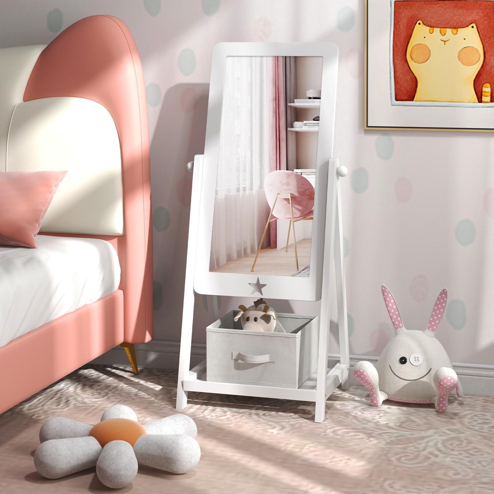Espejo Independiente para niños, Espejo de tocador inastillable sin Vidrio, con Caja de Almacenamiento para Zapatos y Accesorios, Espejo Ajustable para niños de Longitud Completa para niñas