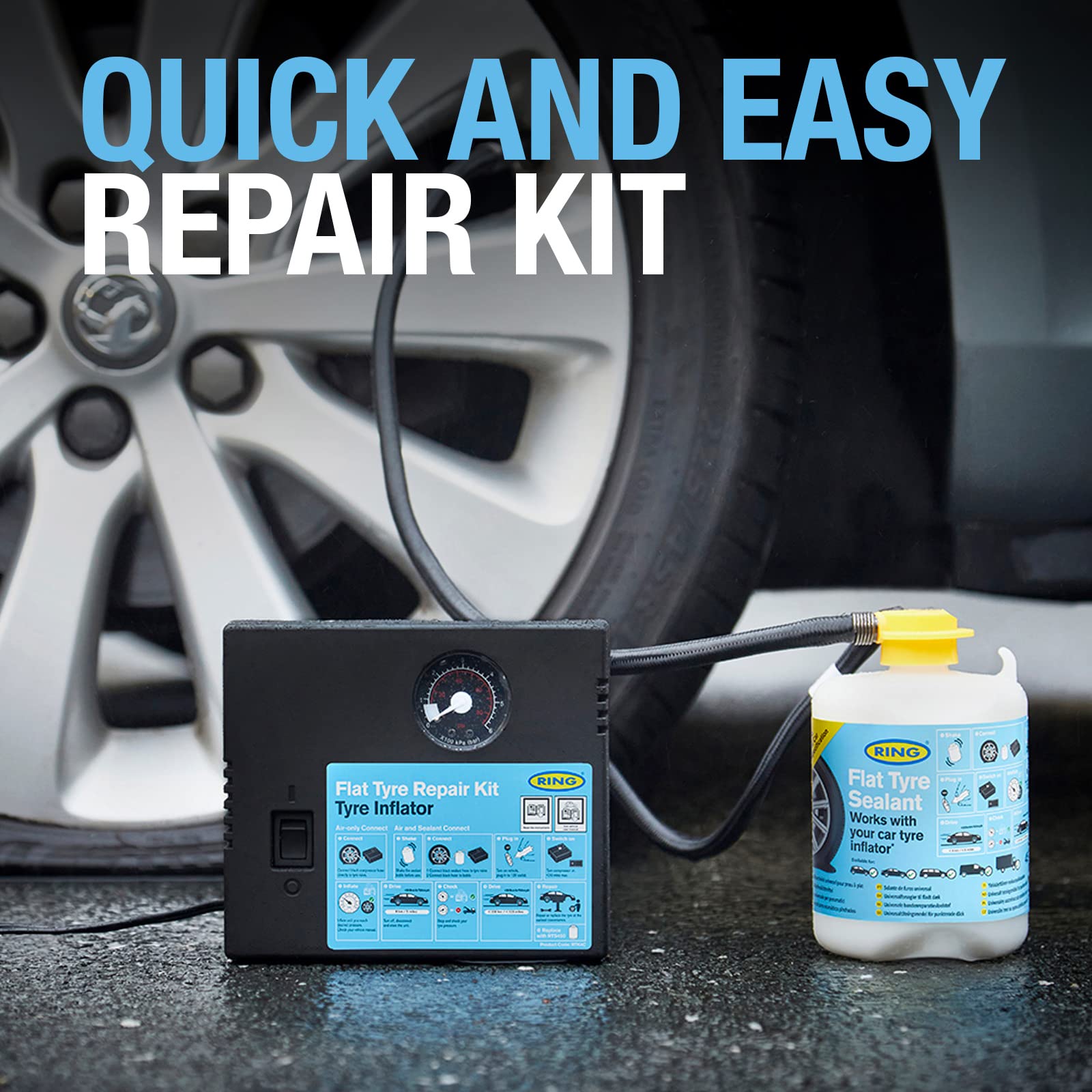 RING Kit de reparación de pinchazos para Coche, sellador e inflador de neumáticos incluidos