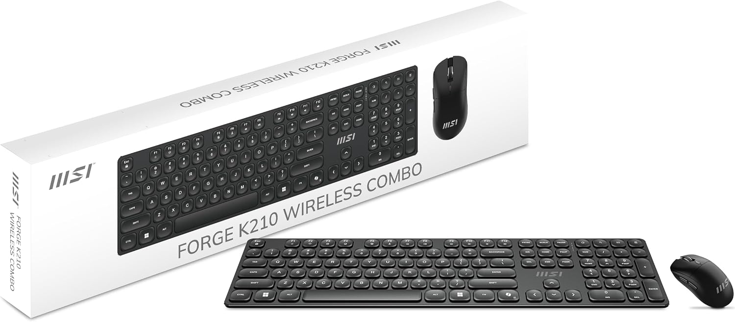 MSI Forge K210 W Combo, Wireless Mouse and Keyboard with Scissor Switches, Long-Range 2.4Ghz Wireless, Rechargable Power, Hotkeys for Rapid Control, Optical Sensor, 1600 DPI, Micro Switch