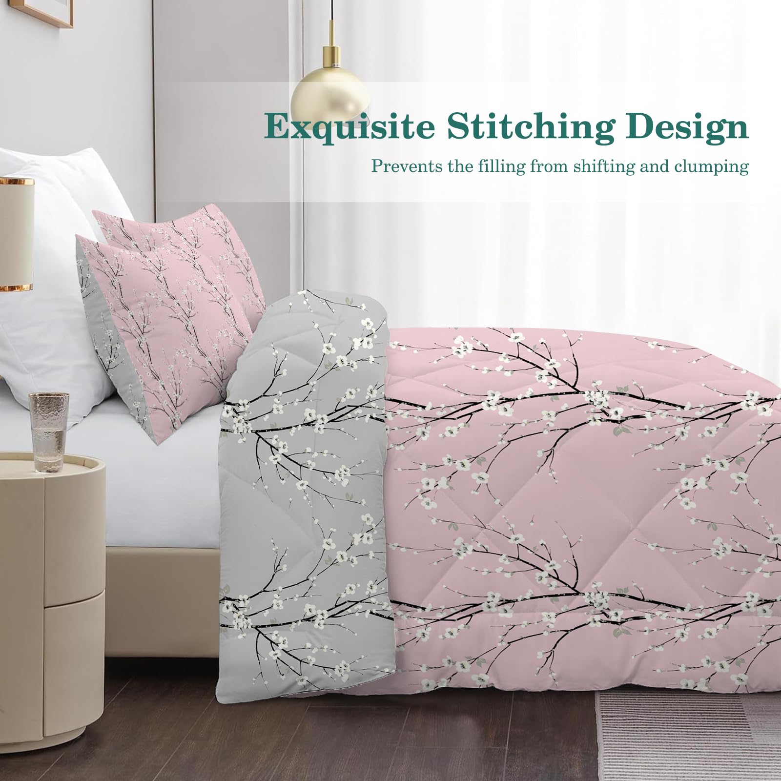 Fleur Prunier Rose Couette Imprimée 4 Saisons 220x240 cm pour Lit 2 Personnes, Branches Grises Edredon Legere, Réversible Couette sans Houss et 2 Taies d'oreiller 65x65 cm