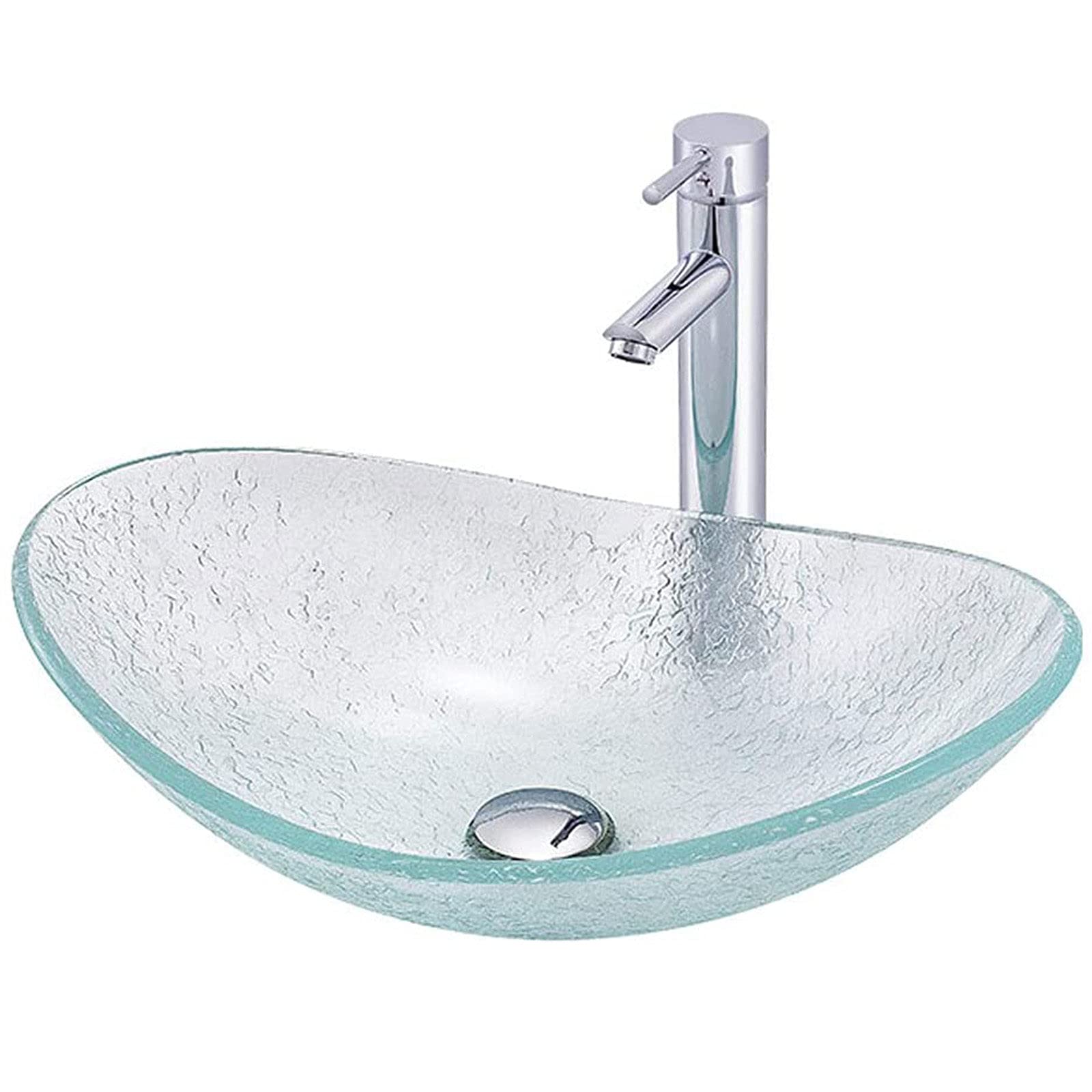 Lavabo de salle de bain ovale en verre trempé transparent robinet bonde vasque