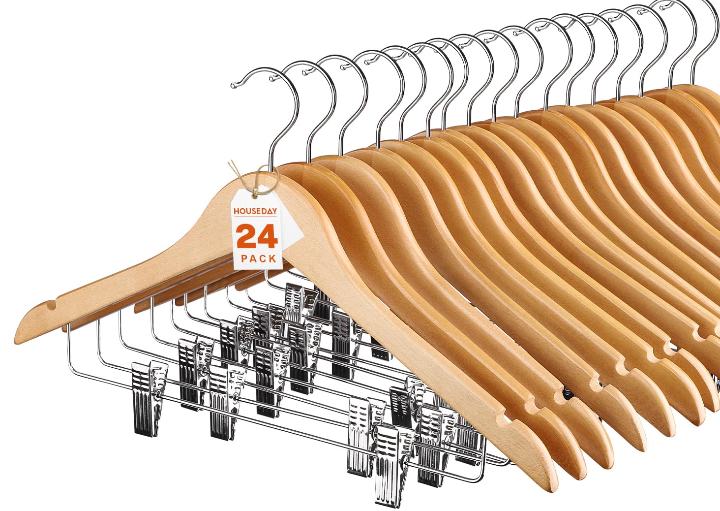 HOUSE DAY Grucce in legno con clip, confezione da 24, grucce in legno massello per pantaloni, finitura liscia naturale, con clip in metallo resistente, per camicetta, vestiti, cappotti, giacche