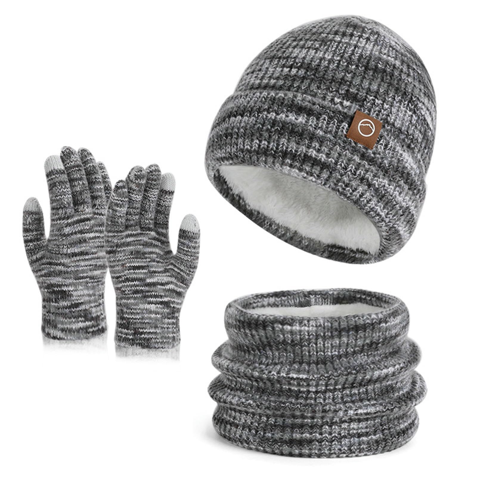 Set de gorro bufanda guantes gris de punto con forro de terciopelo para invierno