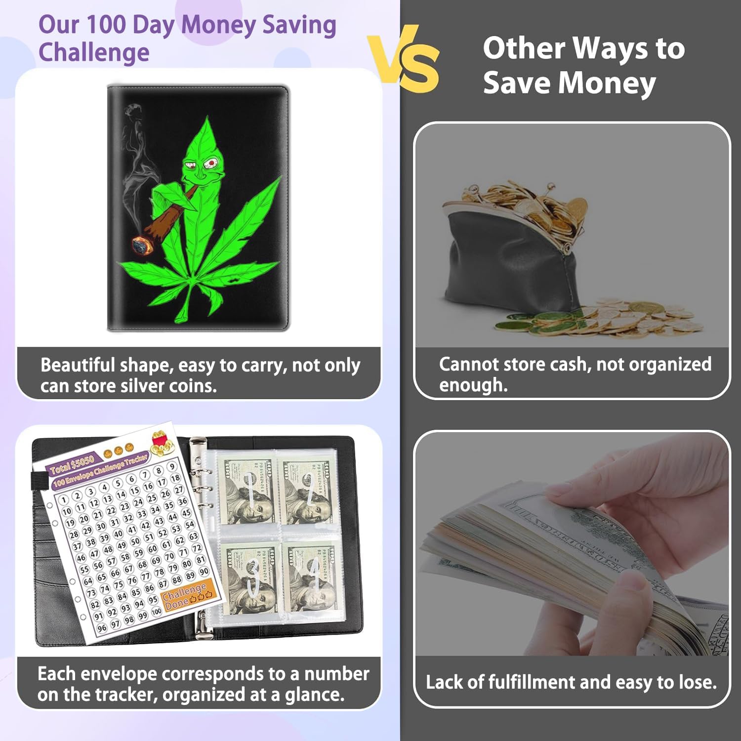 100 Envelopes Money Saving Challenge Binder, A5 Budget Binder with 25 pcs Cash Envelopes, 3 pcs Reusable Laminated Trackers Saving $5050, $500, $10000, Money Organizer,Cannabis Weed