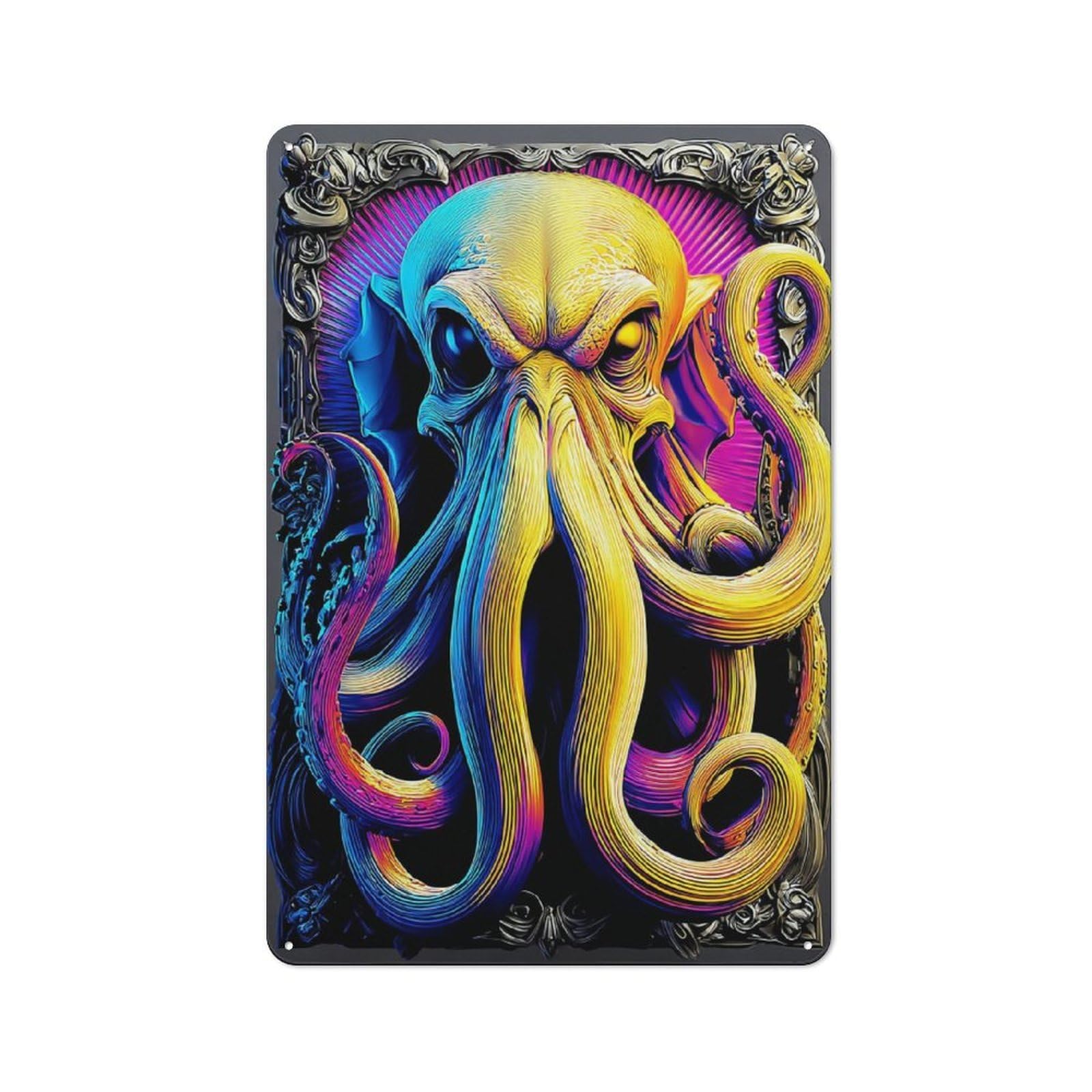 Junmoney Colorful Tentacle Portrait Tin Wall Plaque 30X20cm With For Home Office Or Studio, For Home Office Decor Fans