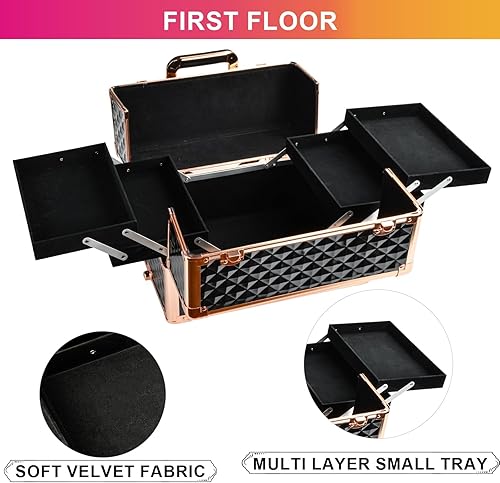 Miniatura 6 de VETALLO Estuches de maquillaje profesional, estuche de viaje 5 en 1, organizador de maquillaje grande con llaveruedas giratorias, estuches de tren