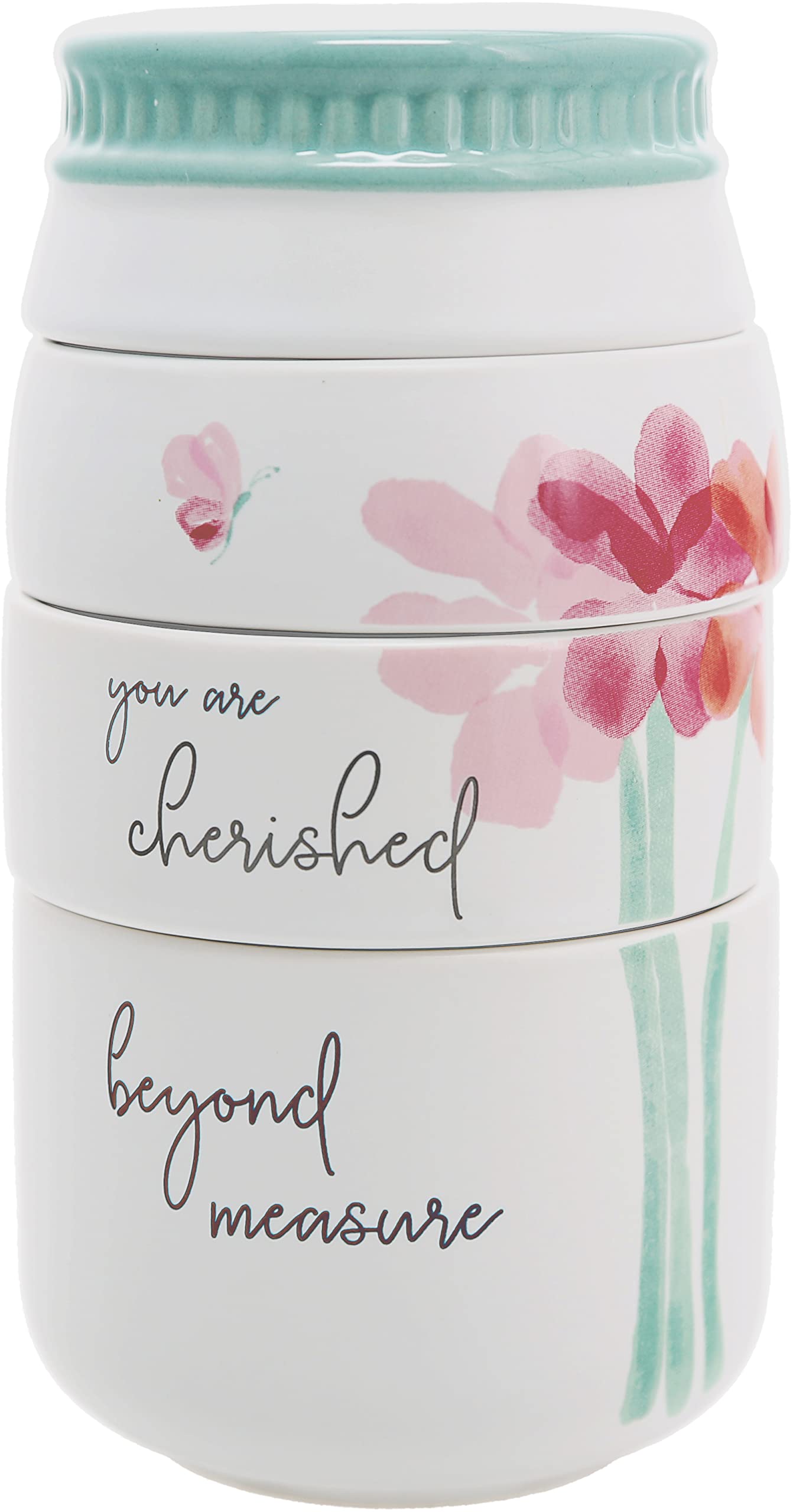 Pavilion Gift Company - Cherished Beyond Measure - 6-inch Stackable Ceramic Kitchen Measuring Cup (¼, ?, ½, 1 Cup), Rustic, Antique, Farmhouse Design For Kitchen, Mason Jar Measuring Cup, Cream