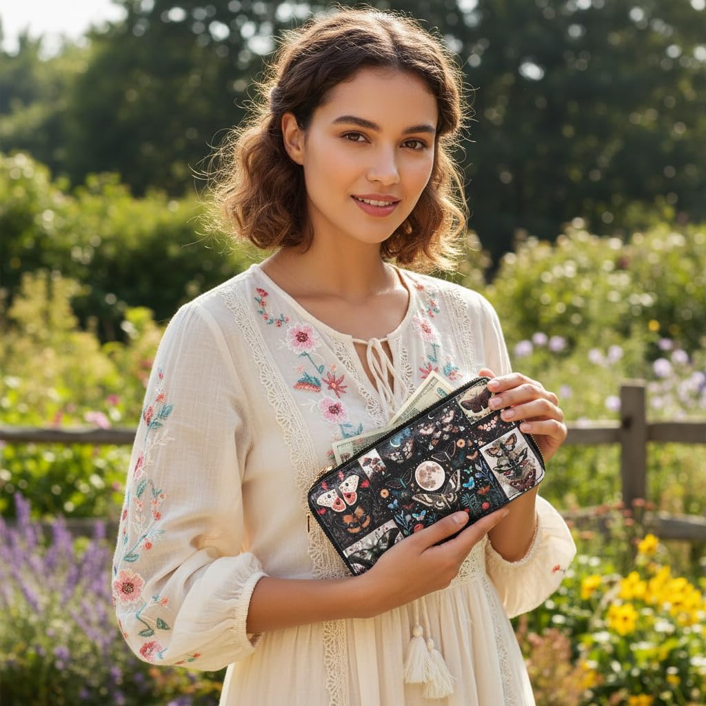 Butterfly Double Zip Wallet for Women - Large Capacity Floral & Moth Print Clutch with Smooth Zippers, Travel Card Holder Purse