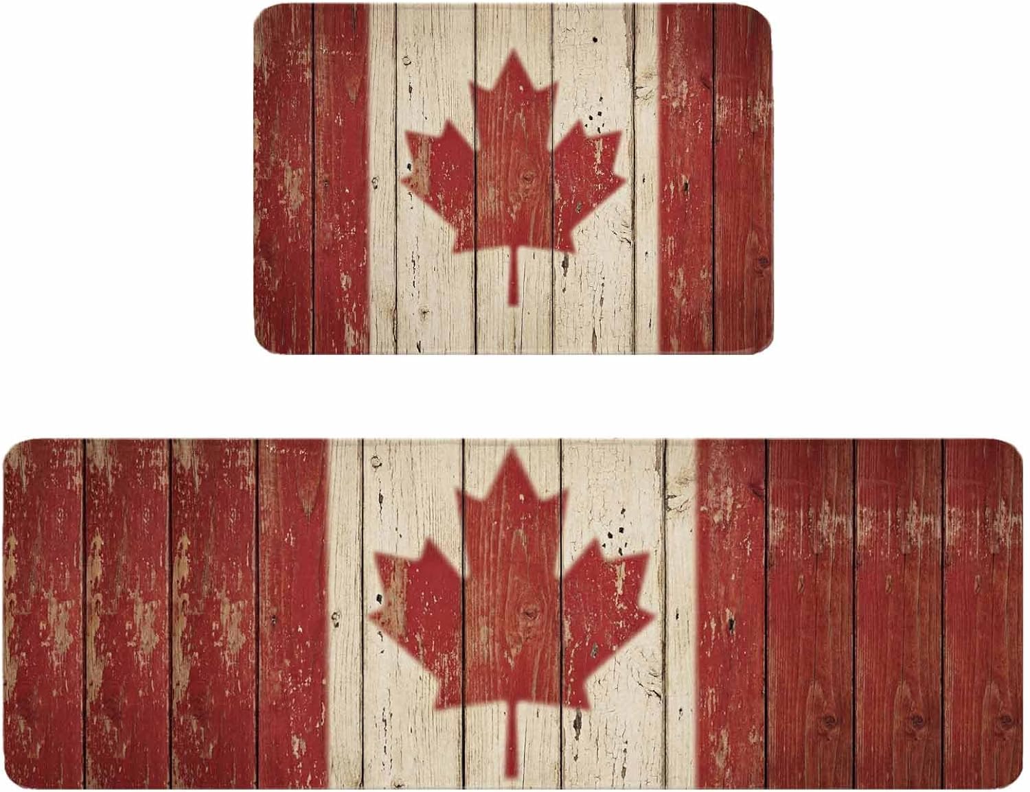 Canada Kitchen Rugs and Mats Set of 2, Non-Slip Kitchen Sink Mat, Red Maple Leaf Flag Vintage Farmhouse Wooden Grain Washable Doormat Bathroom Rugs Runner for Bedroom/Living Room 19.7"x31.5"+19.7"x63"