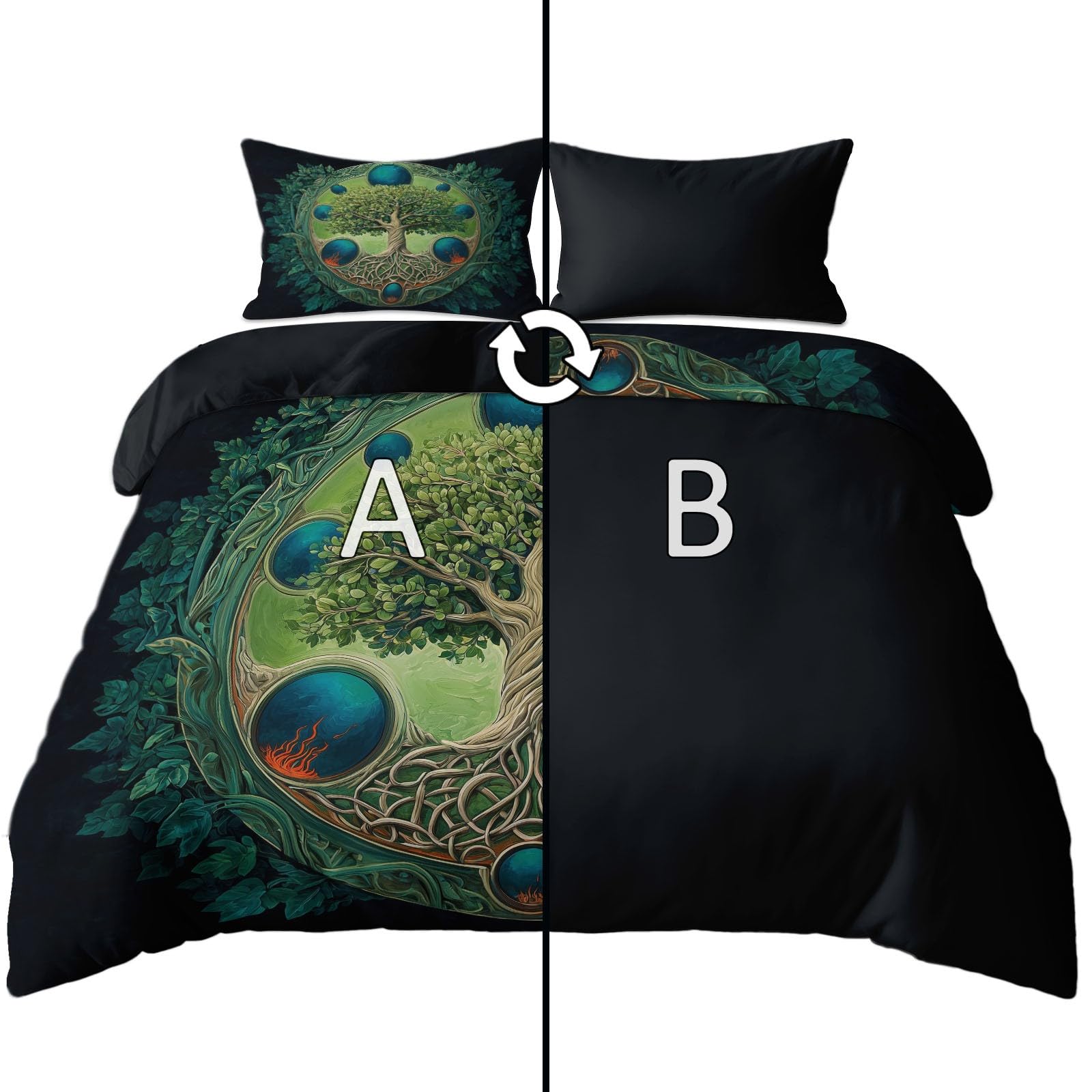 Housse de couette 140x200 noir arbre de vie avec 2 taies d'oreiller en microfibre