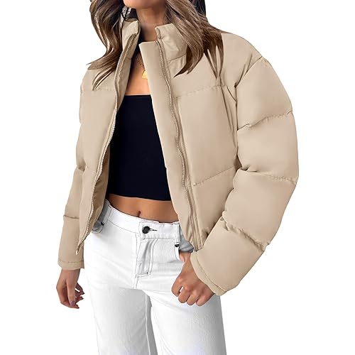 ZESICA Women's Long Sleeve Cropped Puffer Jacket Winter Zipper Quilted Baggy Warm Short Down Coat Outwear with Pockets