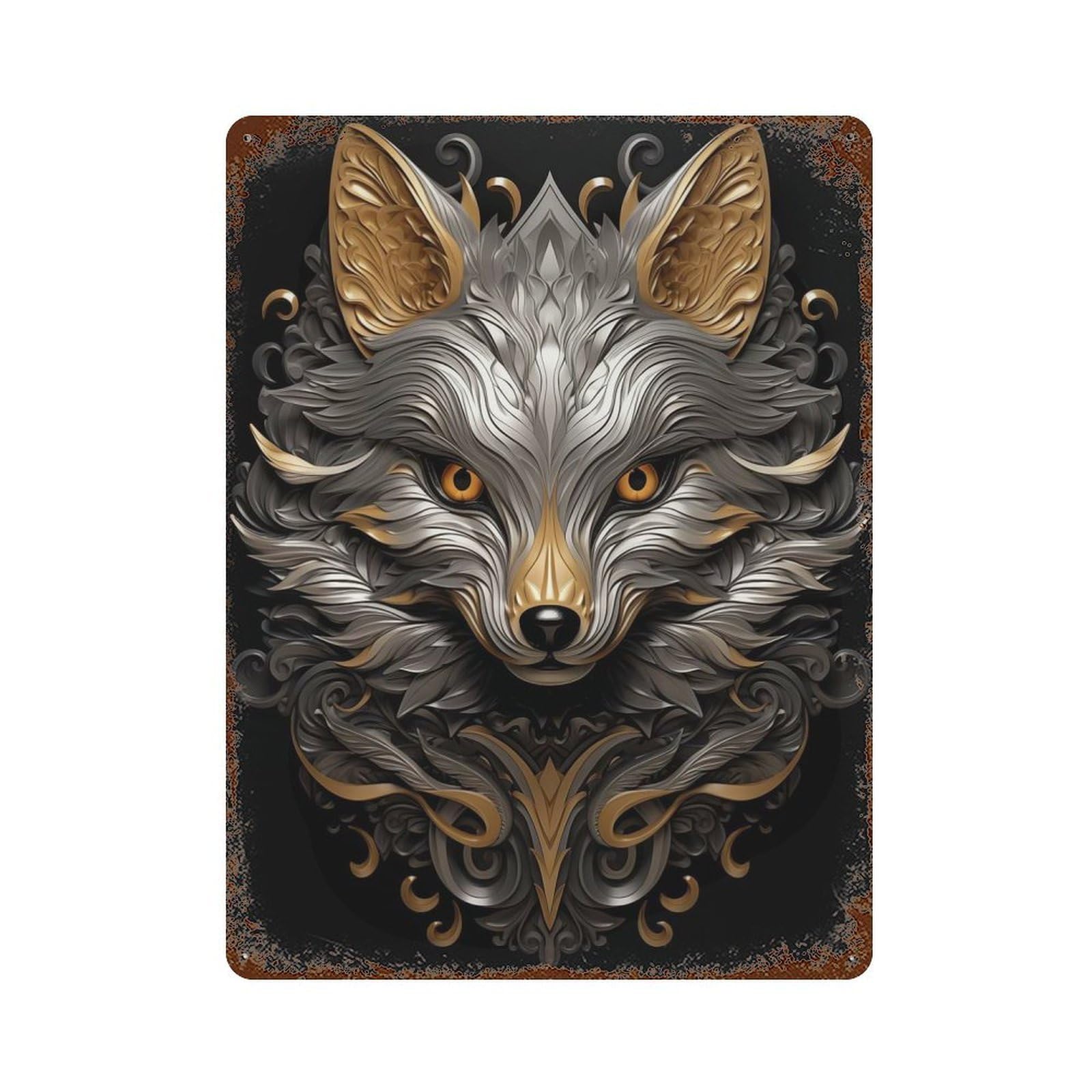 Rust Effect Metallic Fox Rusty Metal Tin Sign 15.7"x11.8", Industrial Home Decor for Living Room, Hallway And Home Decor