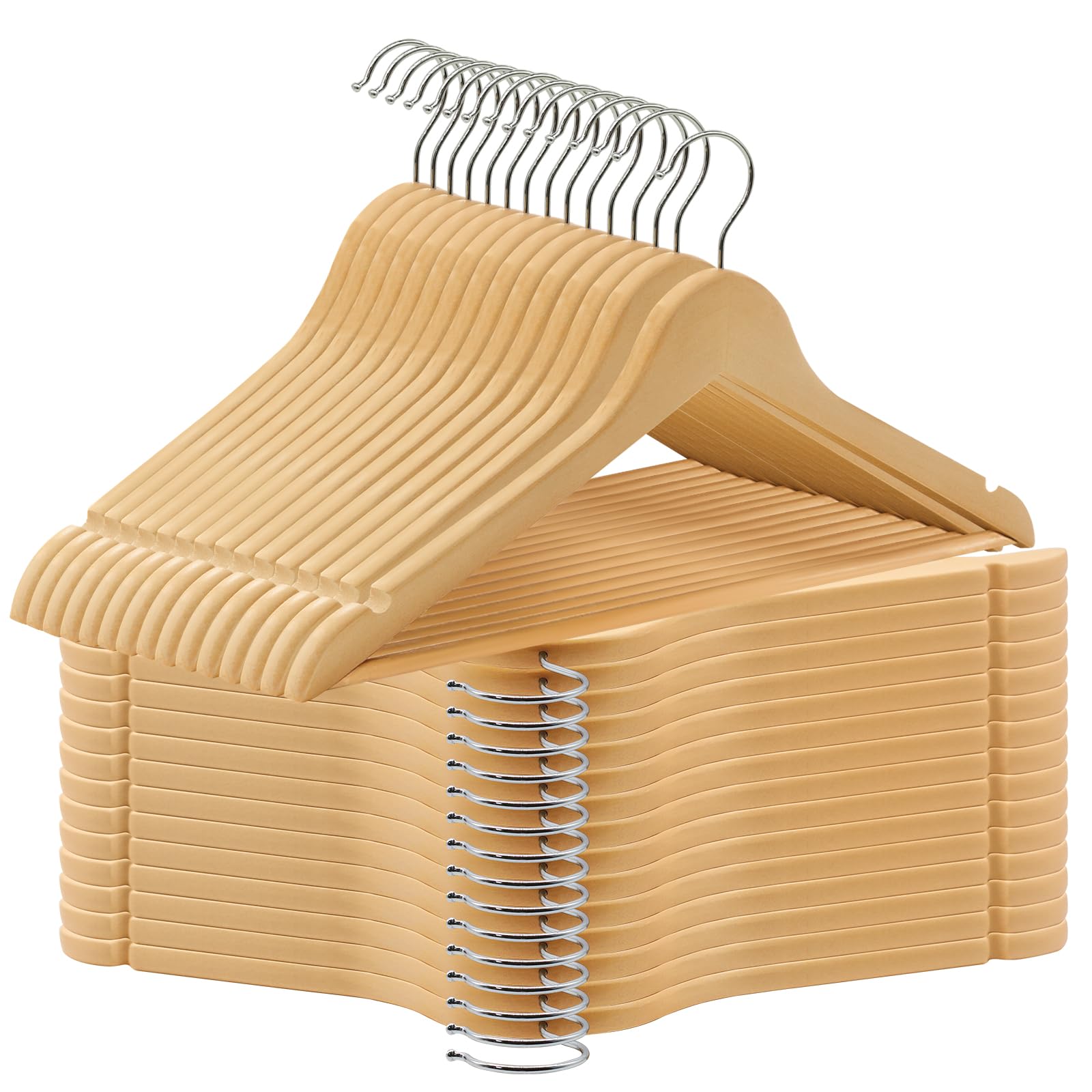 ABHENG Lot de 30 Cintres en Bois, Robustes et Lisses, Cintre en Bois pour Votre Armoire, Crochet pivotant 360°, découpes au Niveau des épaules, antidérapantes, Naturel,AWY0330N